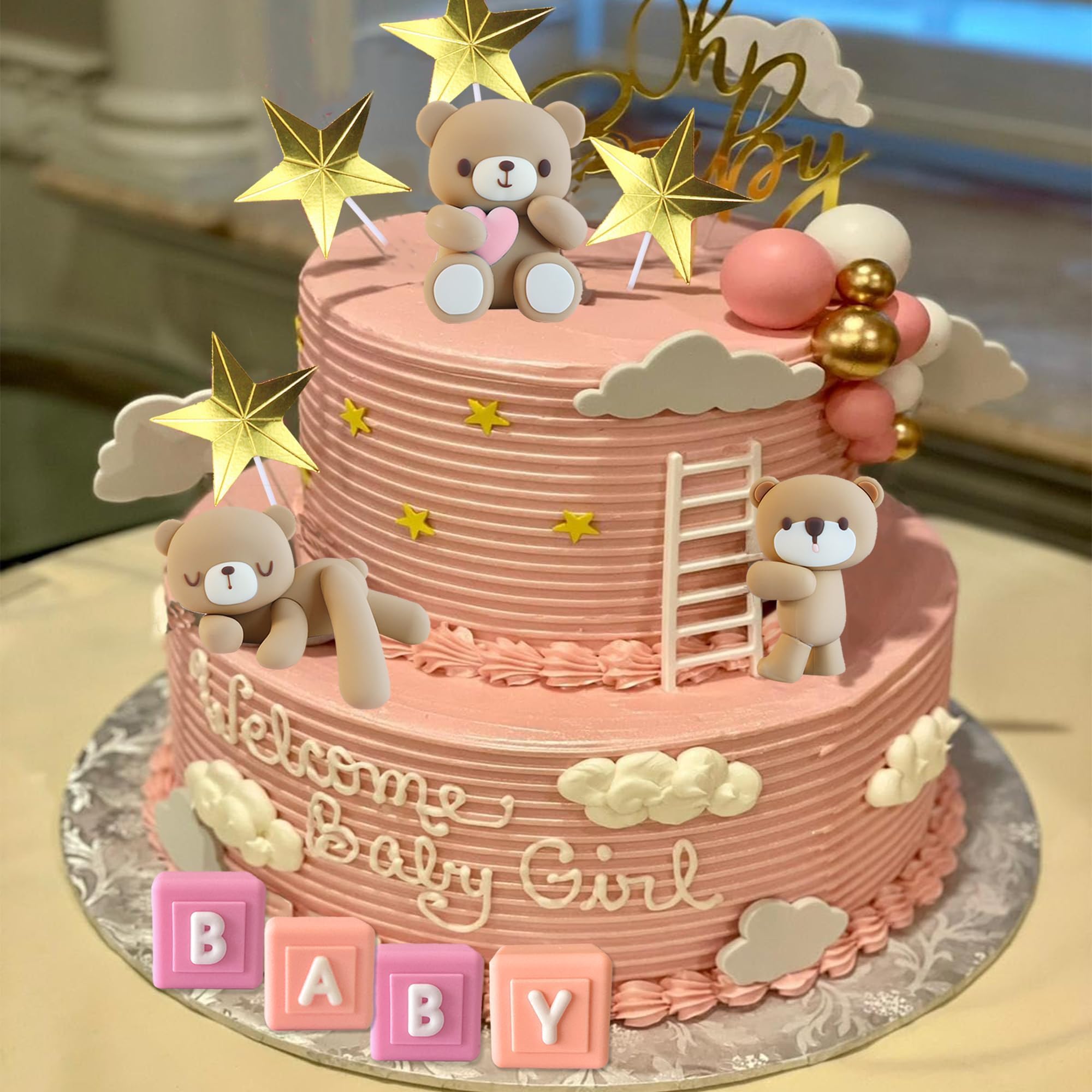 Bear Cake Toppers - Adorable Bear Ball Cake Decorations with BABY Letters for Baby Shower, Birthday Party, Gender Reveal (Pink) - Perfect for Baby Boy/Girl Celebrations, Cupcake Toppers, and Nursery Theme Parties