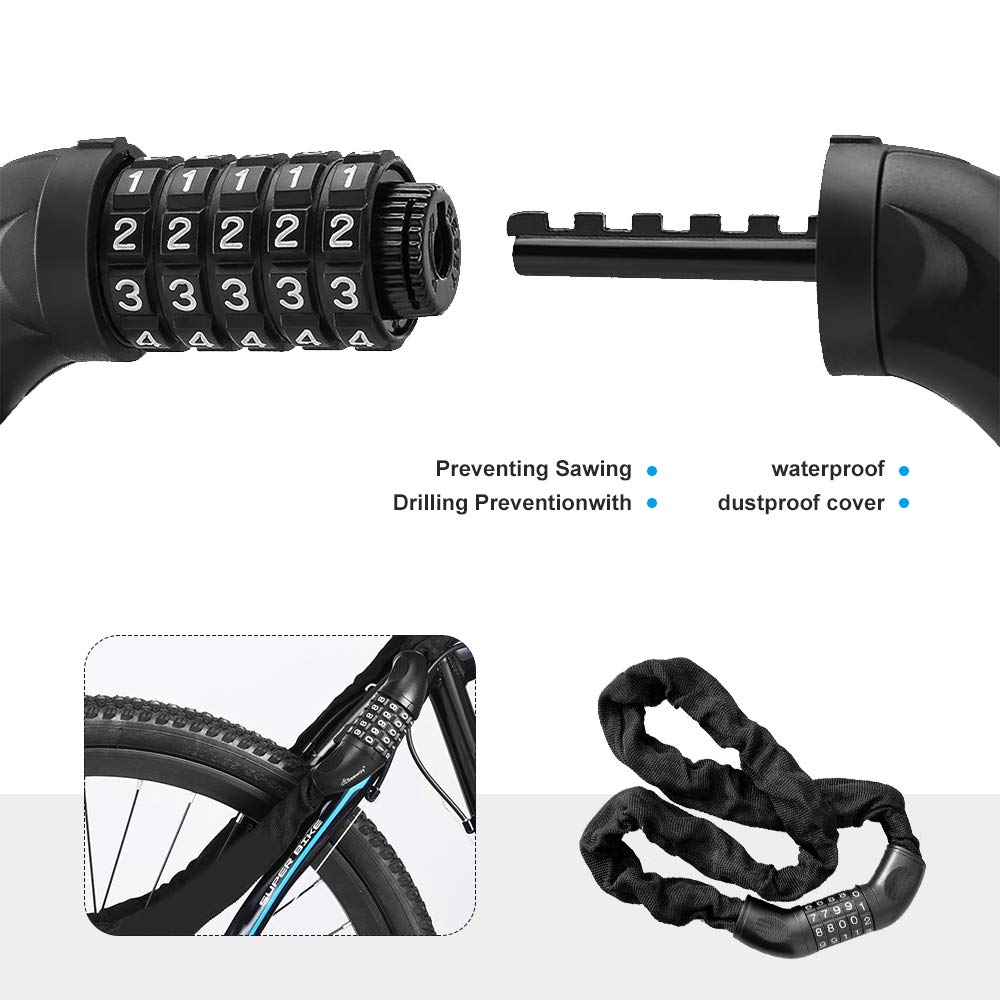 Anxingo 5-Digit Resettable Combination Bike Lock - Heavy Duty Anti-Theft Bicycle Chain Lock (3.6ft, Black) - No Keys Required, Fits All Bikes - Perfect for Commuting, Campus, and Outdoor Cycling Security