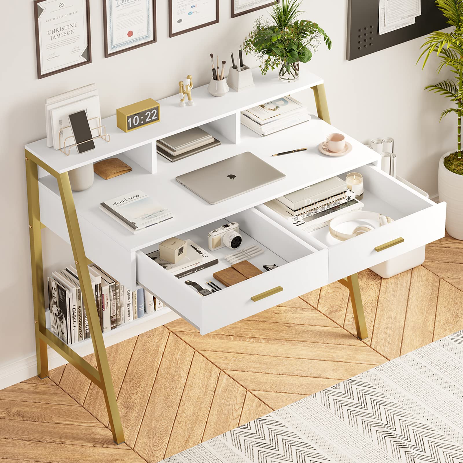 Tiptiper 41 Inch Modern Computer Desk with Drawers & Storage Shelf - White and Gold Home Office Desk with Monitor Stand, Study Writing Table, Laptop PC Workstation (Perfect for Small Spaces, Home Office, Gaming Setup & Remote Work)