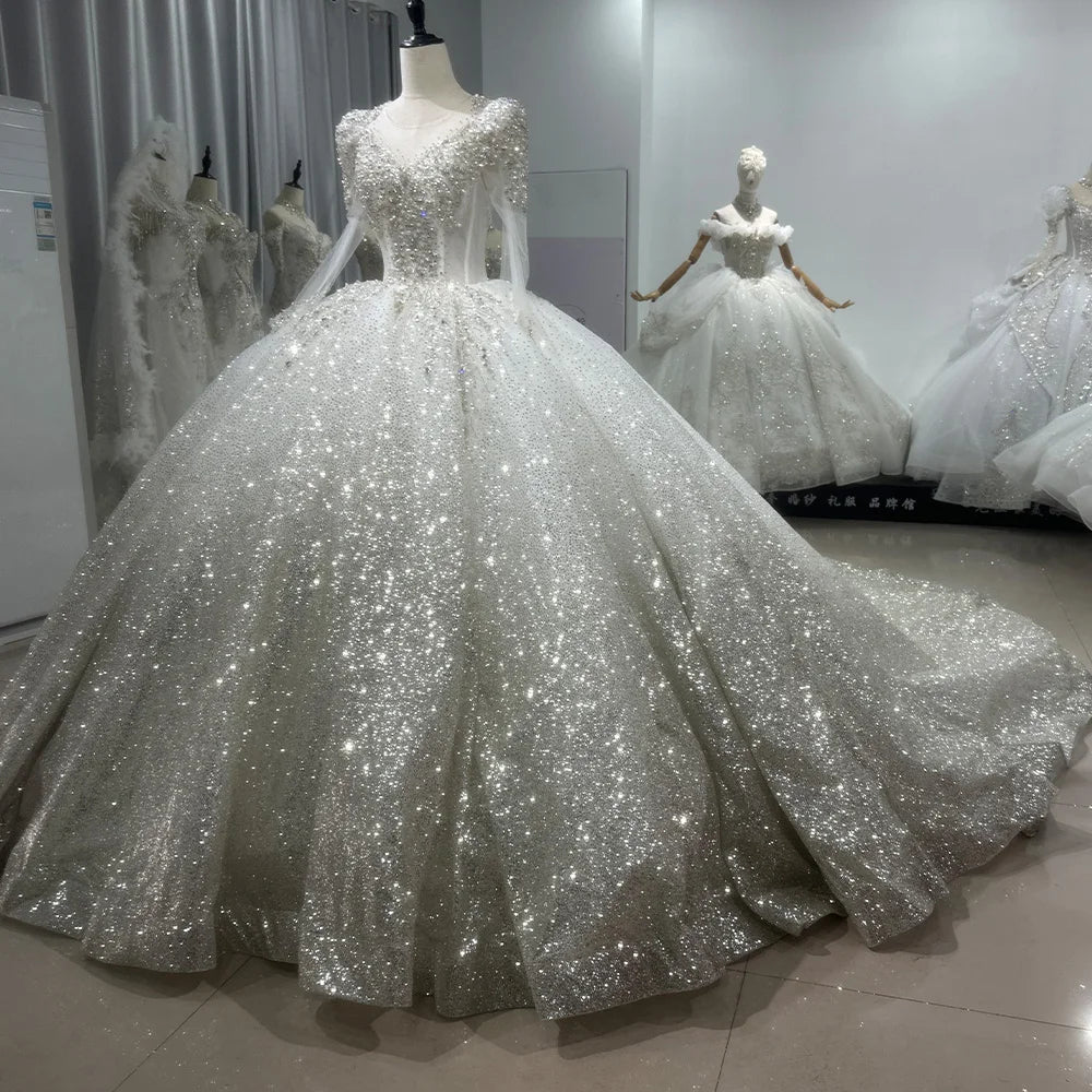 Elegant Pearl Embellished Wedding Dress with Long Sleeves & Backless Ball Gown - Perfect for Bridal Ceremonies, Formal Events & Romantic Photos