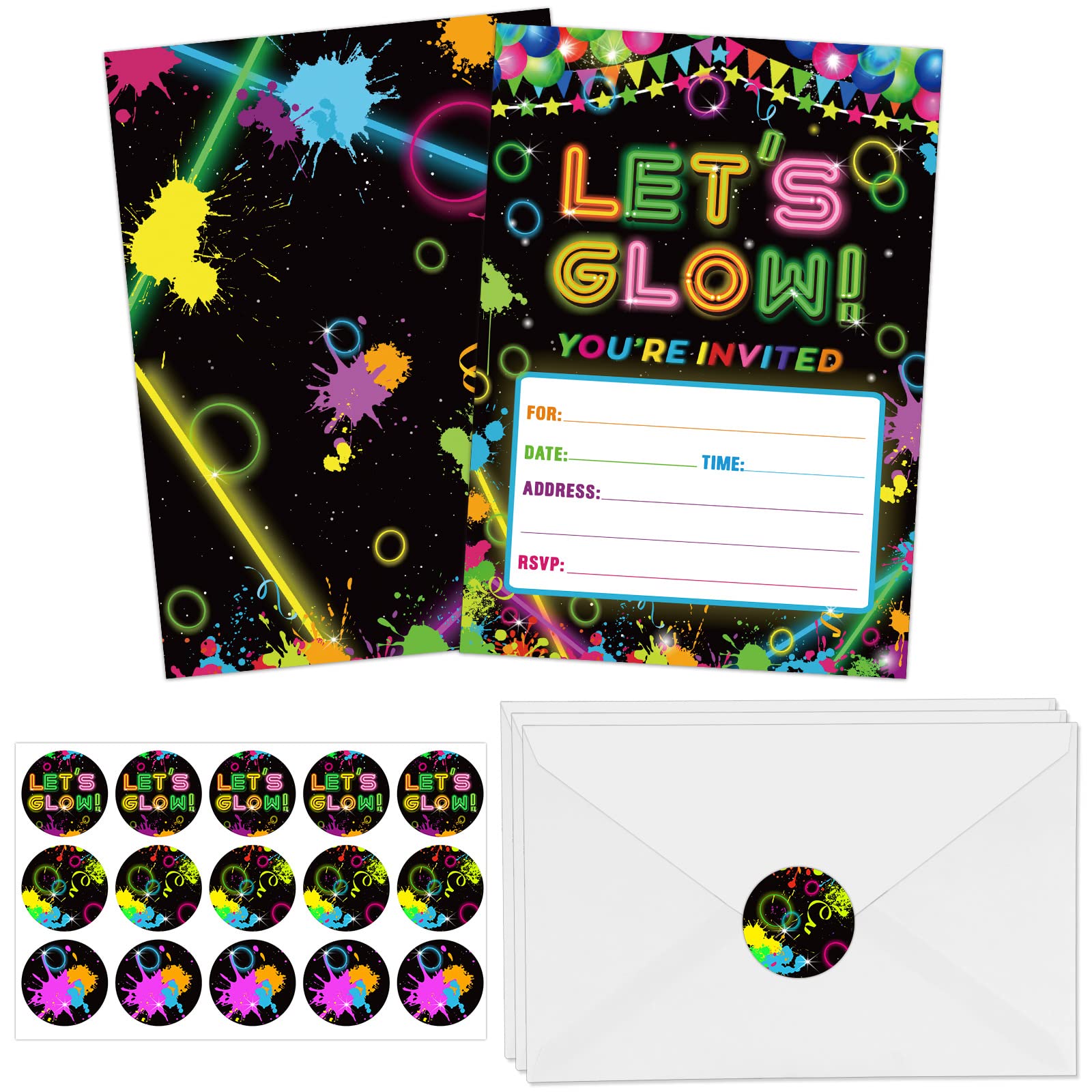 30 Pack Glow in the Dark Birthday Party Invitations - Neon Party Favors with 30 Envelopes & Stickers - Perfect for Kids Birthday, Glow Parties & Nighttime Celebrations