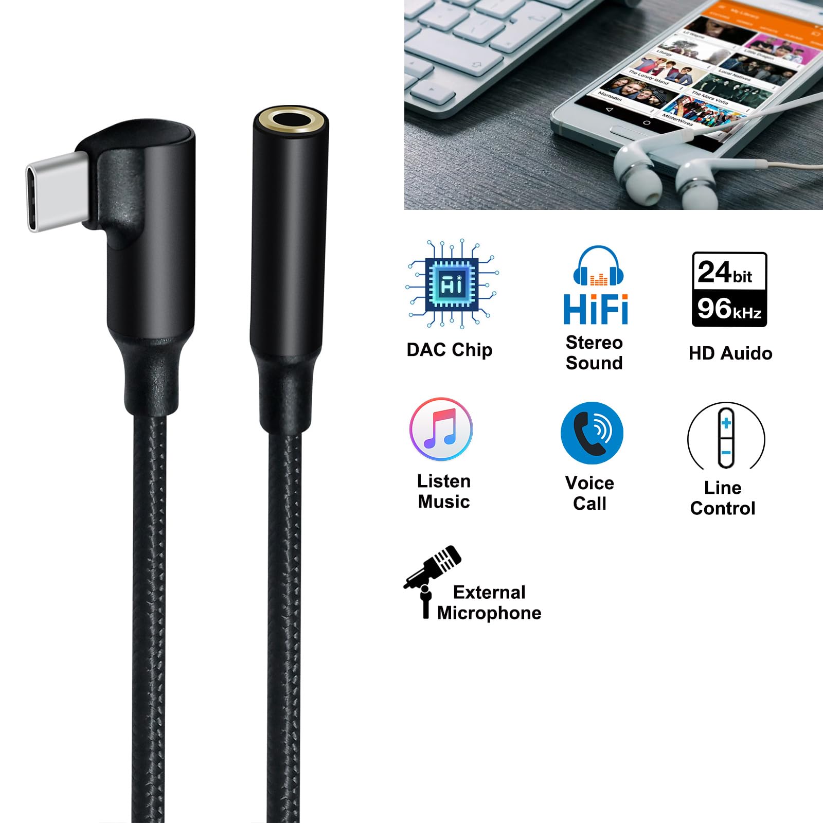 DCHAV USB-C to 3.5mm Audio Adapter with DAC Chip - Angled USB Type C Male to 3.5mm Female Headphone Jack Aux Cable - Compatible with Android Phones, Tablets, Laptops, Speakers & Car Stereos (Black) - Perfect for Music, Gaming & Hands-Free Calling