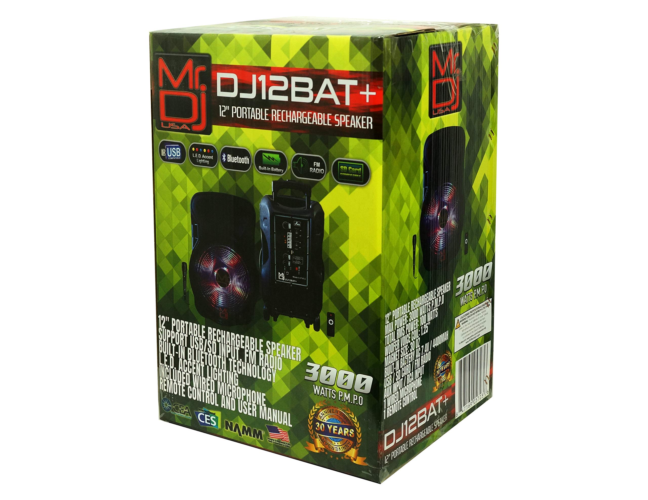 Mr. DJ USA DJ12BAT+ 12-Inch Portable Trolley PA System - 3000W PMPO Bluetooth TWS Active Speaker with LCD Display, MP3, USB, and Micro SD Support - Perfect for Outdoor Parties, Events, and DJ Performances