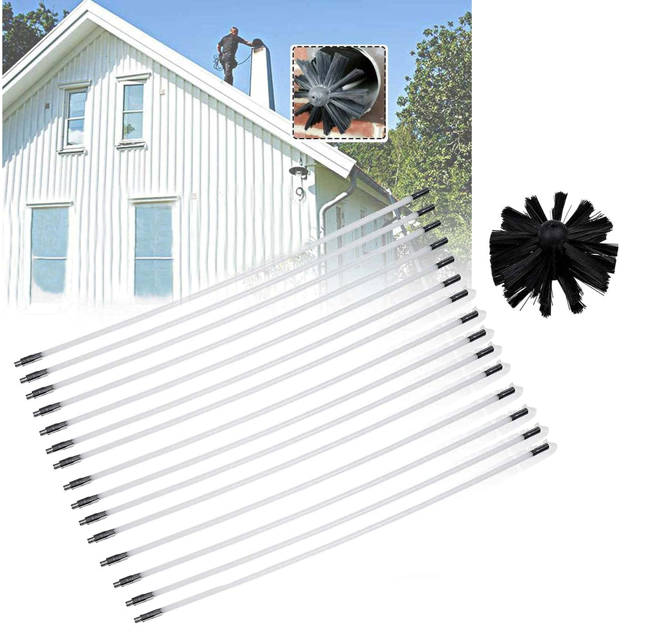 QDY Chimney Sweep Kit with 9/12/15 Flexible Rods & Brush Head - Rotary Drill-Powered Fireplace Cleaning System (410mm, 15 Rods) for Efficient Chimney Maintenance in Homes & Cabins