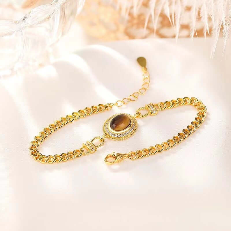 French Style Tiger Eye Stone Cuban Chain Bracelet for Men & Women - Natural Healing Crystal Jewelry Gift for Protection & Confidence - Perfect for Casual Wear, Meditation & Spiritual Healing | R1636
