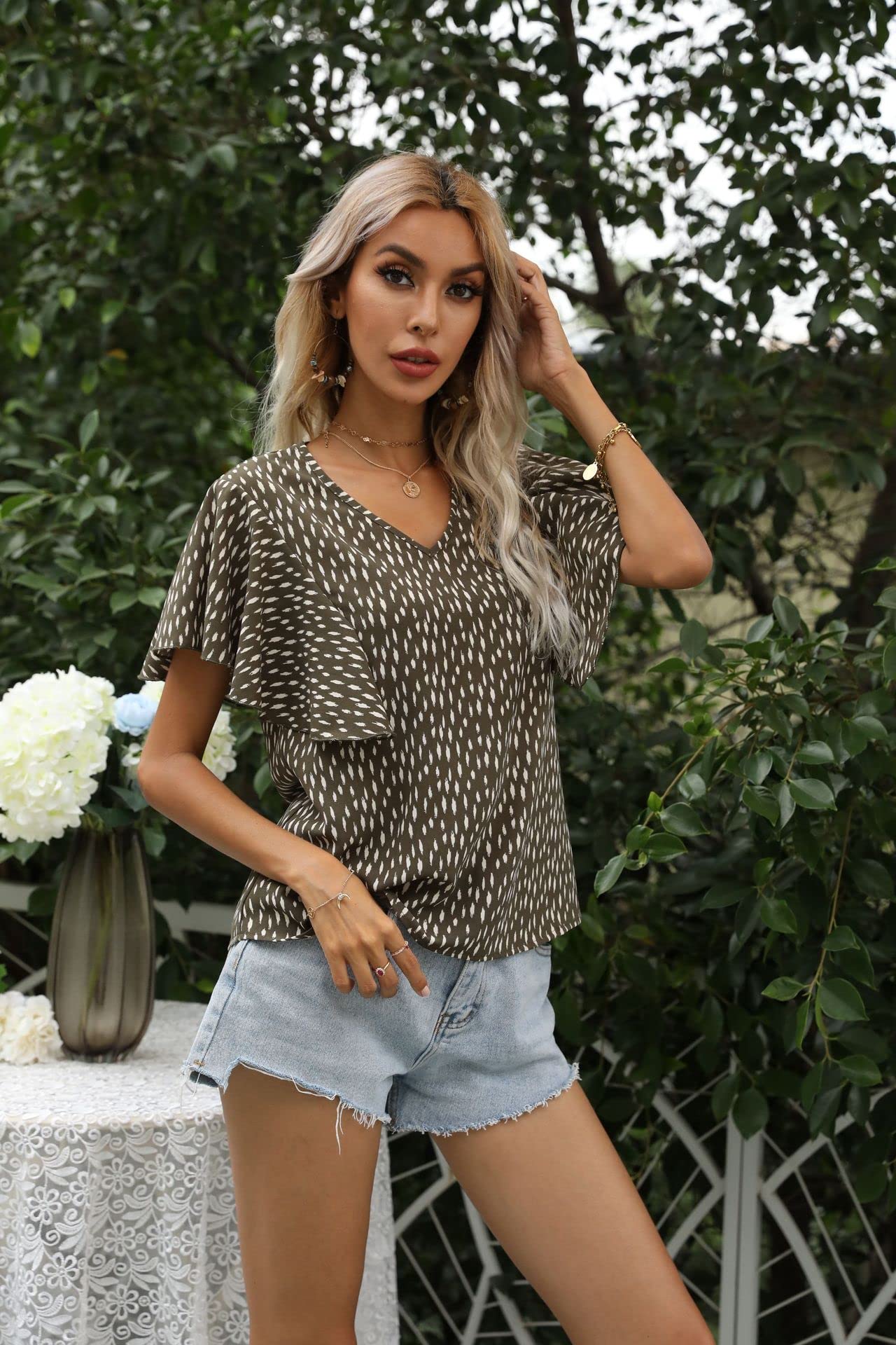 Elegant Floral Print Chiffon Blouse with Ruffle Sleeves - Women's Dressy Casual Tops for Work, Date Night & Special Occasions
