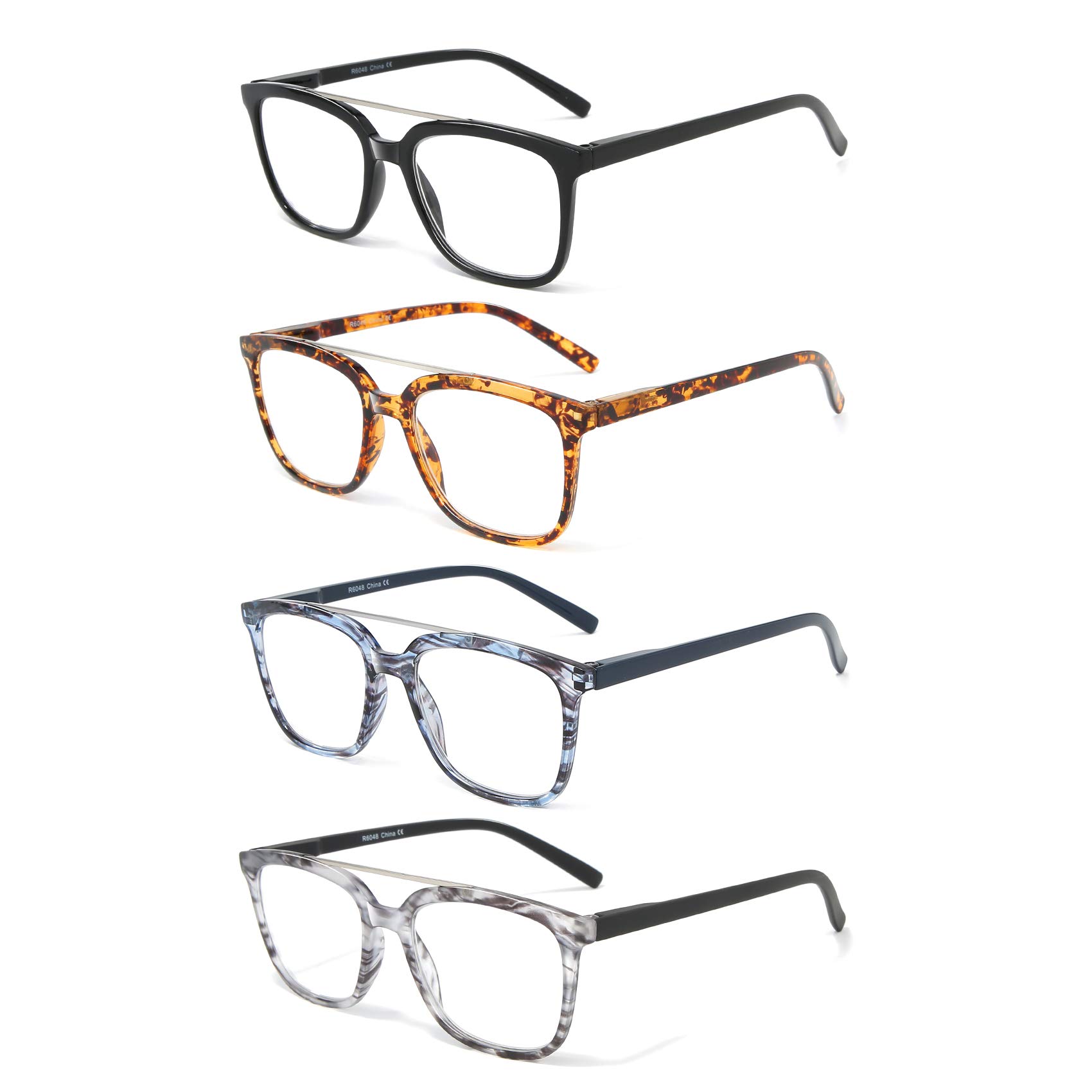 Bevi Stylish Reading Glasses 4-Pack with Spring Hinge - Comfortable Readers for Men & Women (+2.00 Magnification) - Perfect for Reading Books, Using Phones & Working on Computers