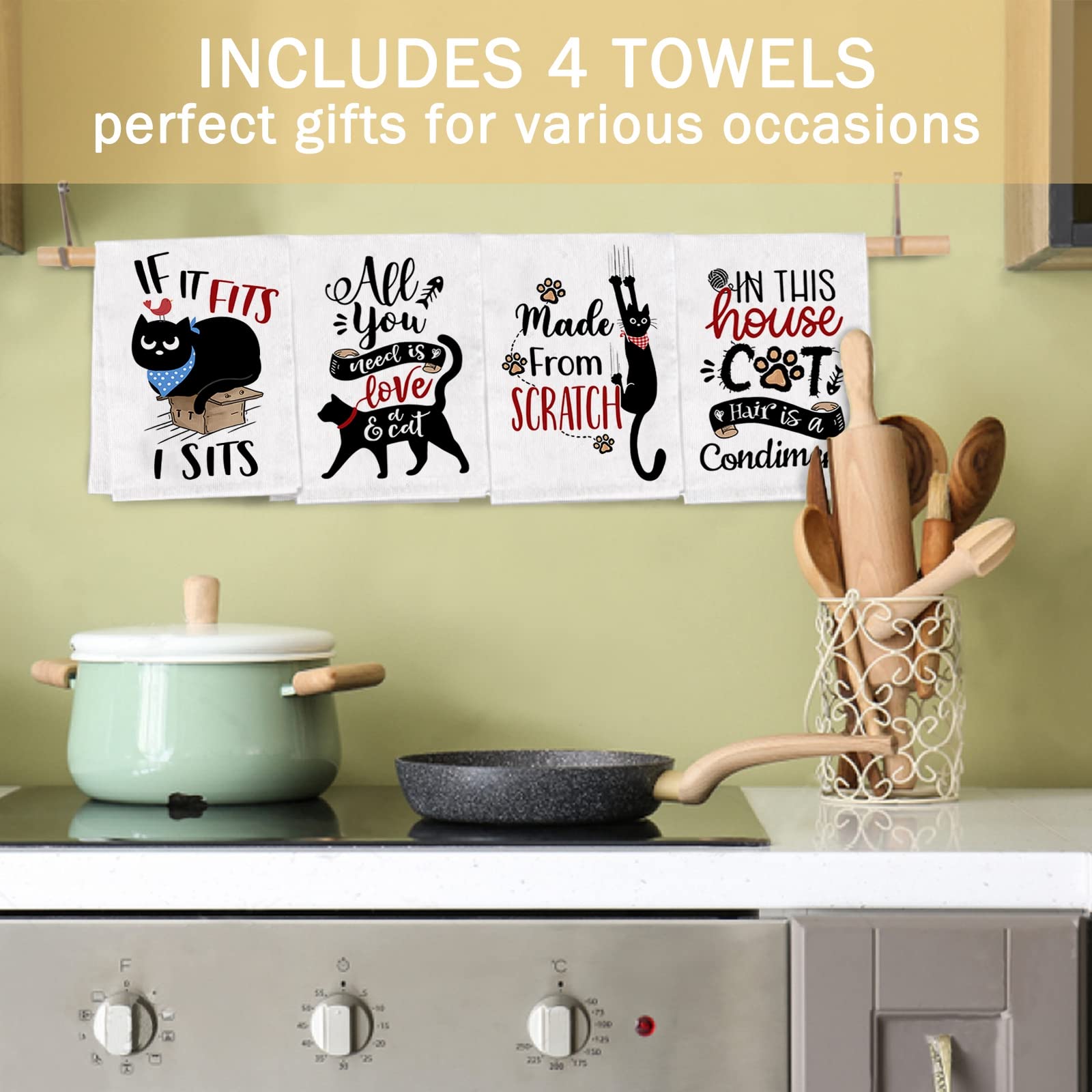 Bonsai Tree Cat Kitchen Towels Set of 4 - Funny Cat Mom Gifts for Women, Cute Printed Dish Towels with Humorous Sayings, Absorbent Tea Towels for Housewarming, New Home Decor & Kitchen Essentials | Perfect for Cat Lovers, Tea Parties & Housewarming Gifts