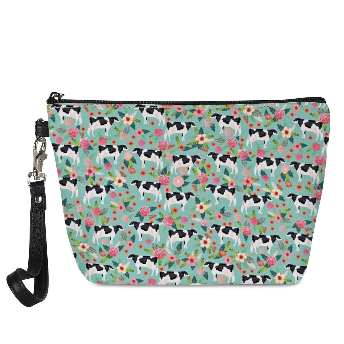 AMZBeauty Cow Print Floral Makeup Bag - PU Leather Cosmetic Pouch with Zipper, Travel Toiletry Organizer for Women | Perfect Gift for Bridesmaids, Birthday & Travel Essentials