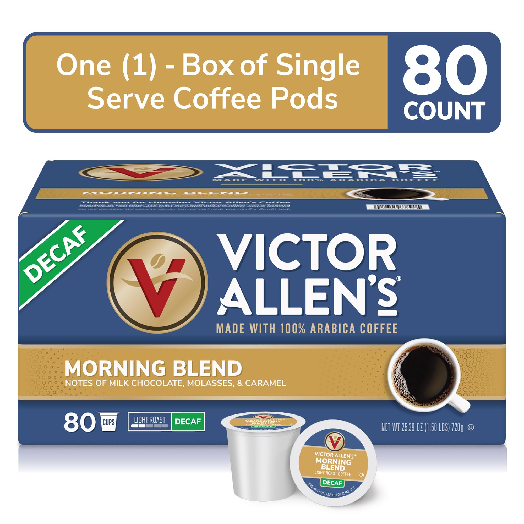 Victor Allen's Decaf Morning Blend Light Roast Coffee Pods - 80 Count K-Cup Compatible with Keurig Brewers | Perfect for Home, Office & Morning Coffee Routine