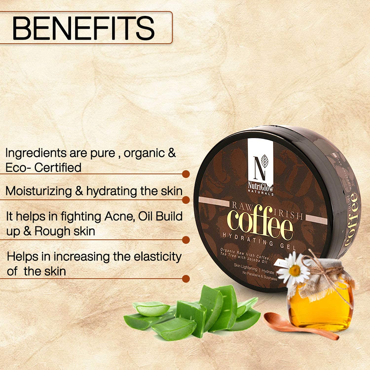 NutriGlow NATURAL'S Organic Raw Irish Coffee Hydrating Gel with Tea Tree & Jojoba Oil - Skin Brightening, Hydration & Glow - Paraben & Sulfate Free - 200g - Perfect for Daily Skincare Routine & Nighttime Hydration