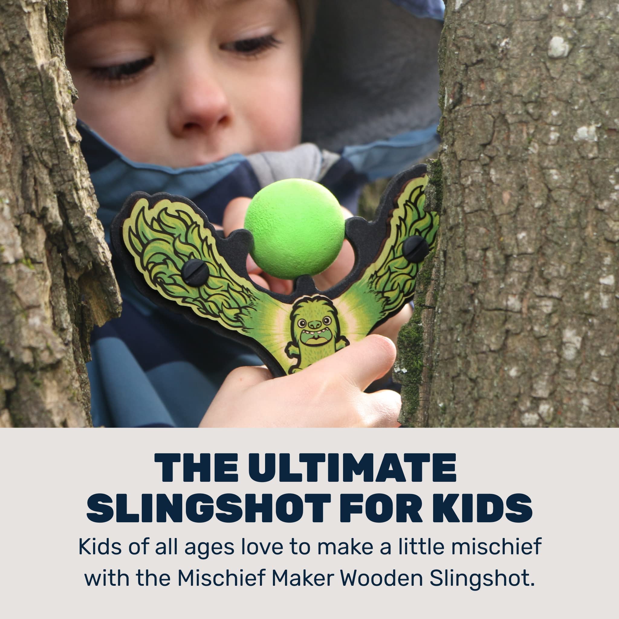Mischief Maker® Wooden Slingshot - Lil' Monster Series - Real Wood Catapult Toy for Kids Ages 4+ with 4 Soft Foam Balls & Storage Bag - Outdoor Play, Backyard Games, Camping Fun (Green)