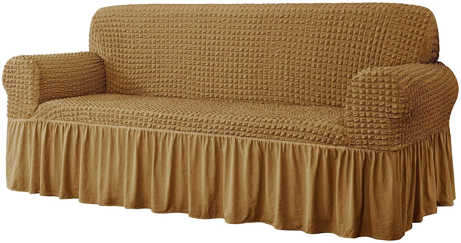 YYHSND Universal Sofa Cover - 1-Piece Stretchable Couch Slipcover, Washable Durable Seersucker Fabric Furniture Protector with Skirt (Mango Color, 3-Seater Size) - Perfect for Living Room, Family Room & Pet-Friendly Homes