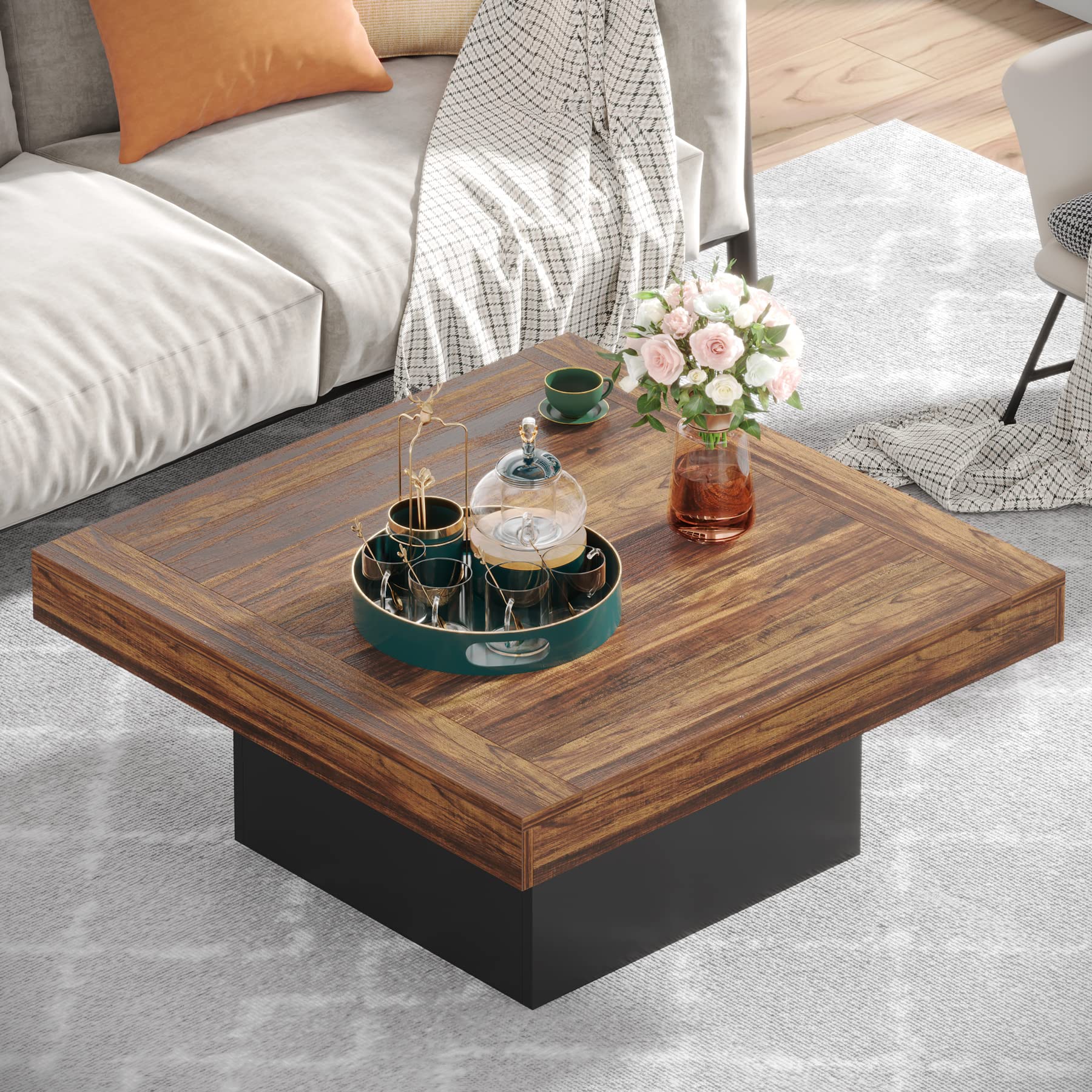 Tribesigns Square LED Coffee Table - Rustic Brown & Black Engineered Wood Low Profile Modern Coffee Table for Living Room, Lounge, and Office - Perfect for Home Decor & Entertainment Spaces