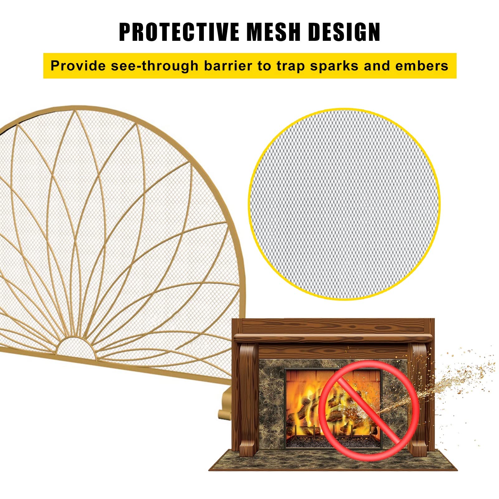 ROYUMI Semicircular Fireplace Screen - Black & Gold Wrought Iron Spark Guard for Wood Burning Fireplace - Handmade Mesh Chimney Cover for Home Safety & Decoration - Perfect for Living Room, Bedroom, or Patio Use