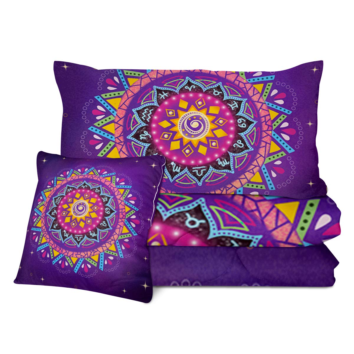 Sleepwish Zodiac Mandala Bohemian Comforter Set 4-Piece - Reversible Purple Boho Abstract Bedding for Queen Size Bed | Perfect for Bohemian Bedroom Decor & Guest Room Styling