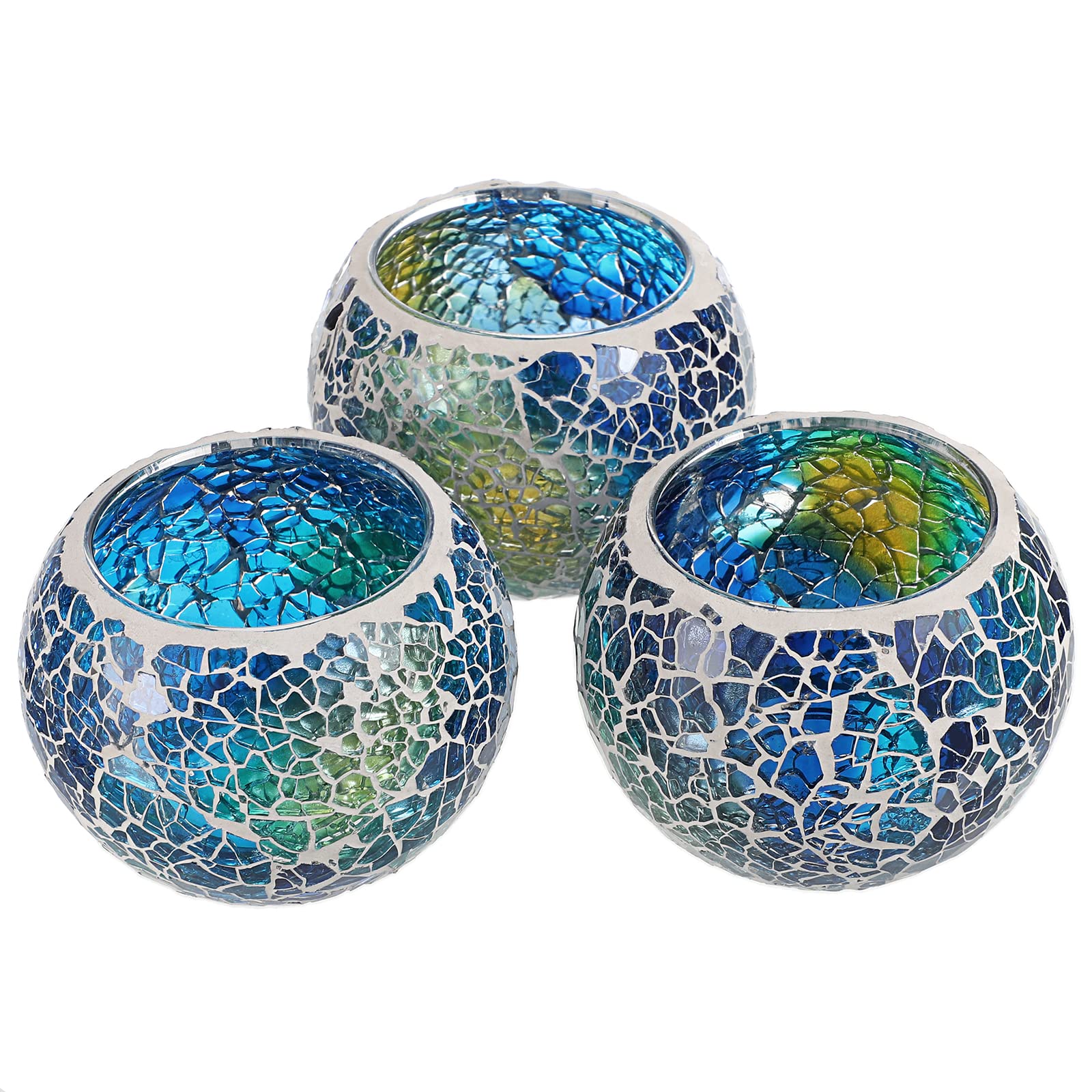 Set of 3 Blue Mosaic Glass Tea Light Holders - Round Bowl Votive Candle Stands for Wedding Centerpiece, Table Decor, Home & Party Decoration