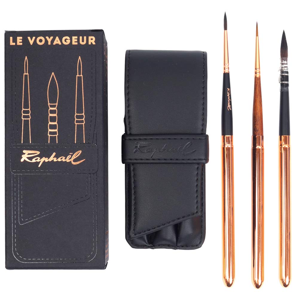 Raphael Le Voyageur Travel Paint Brush Set - 3 Piece Gold Artist Brushes for Watercolor, Oil & Acrylic Painting - Perfect for Artists on the Go & Outdoor Sketching