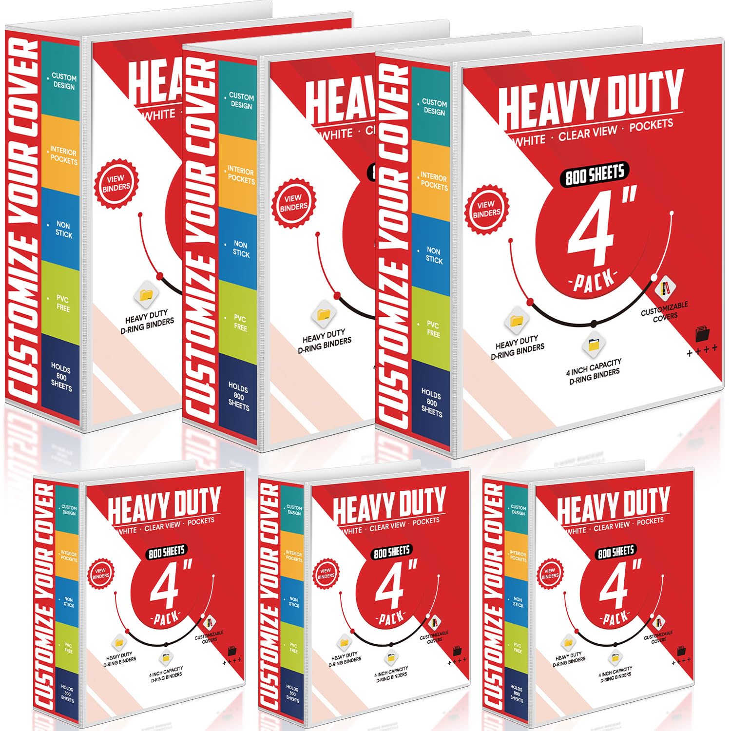 6-Pack 4 Inch D-Ring Binders with Pockets - Large Capacity 3-Ring Binder for 8.5