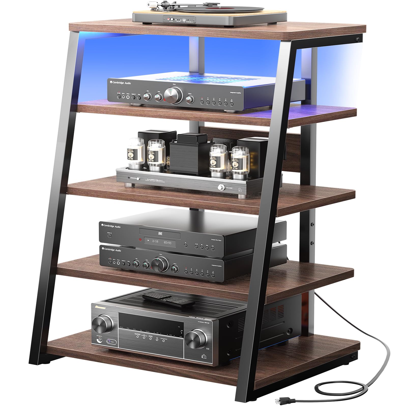 5-Tier AV Media Stand with Built-in Power Strips & LED Lights - Adjustable Shelves for Stereo, TV & Audio Equipment - 40.8