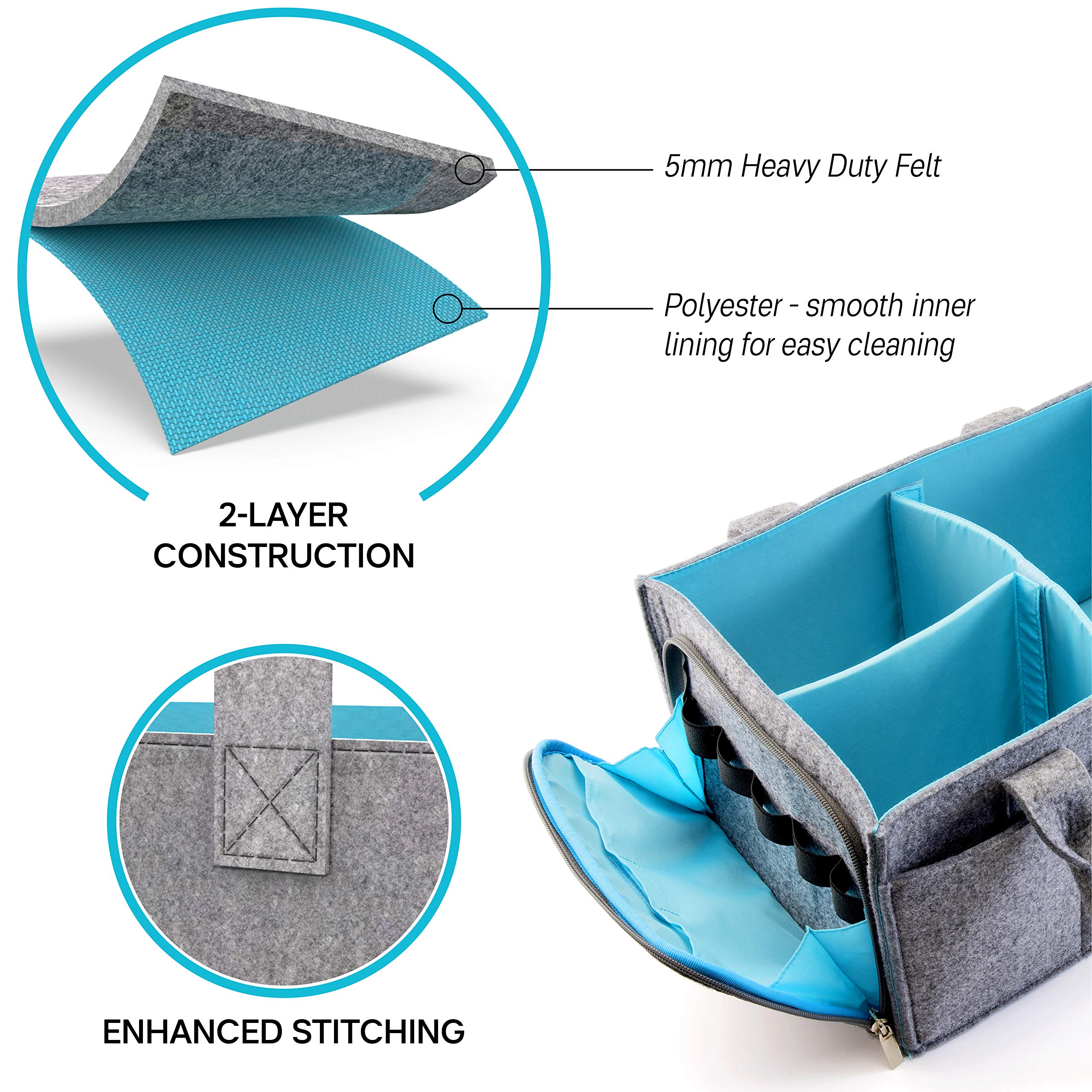 Premium Baby Diaper Caddy Organizer - Portable Nursery Storage Bin with Zipper Pocket | Heavy Duty 5mm Felt Craft & Car Seat Tote | Grey & Turquoise Baby Essentials Organizer for Nursery, Travel & On-the-Go Parents