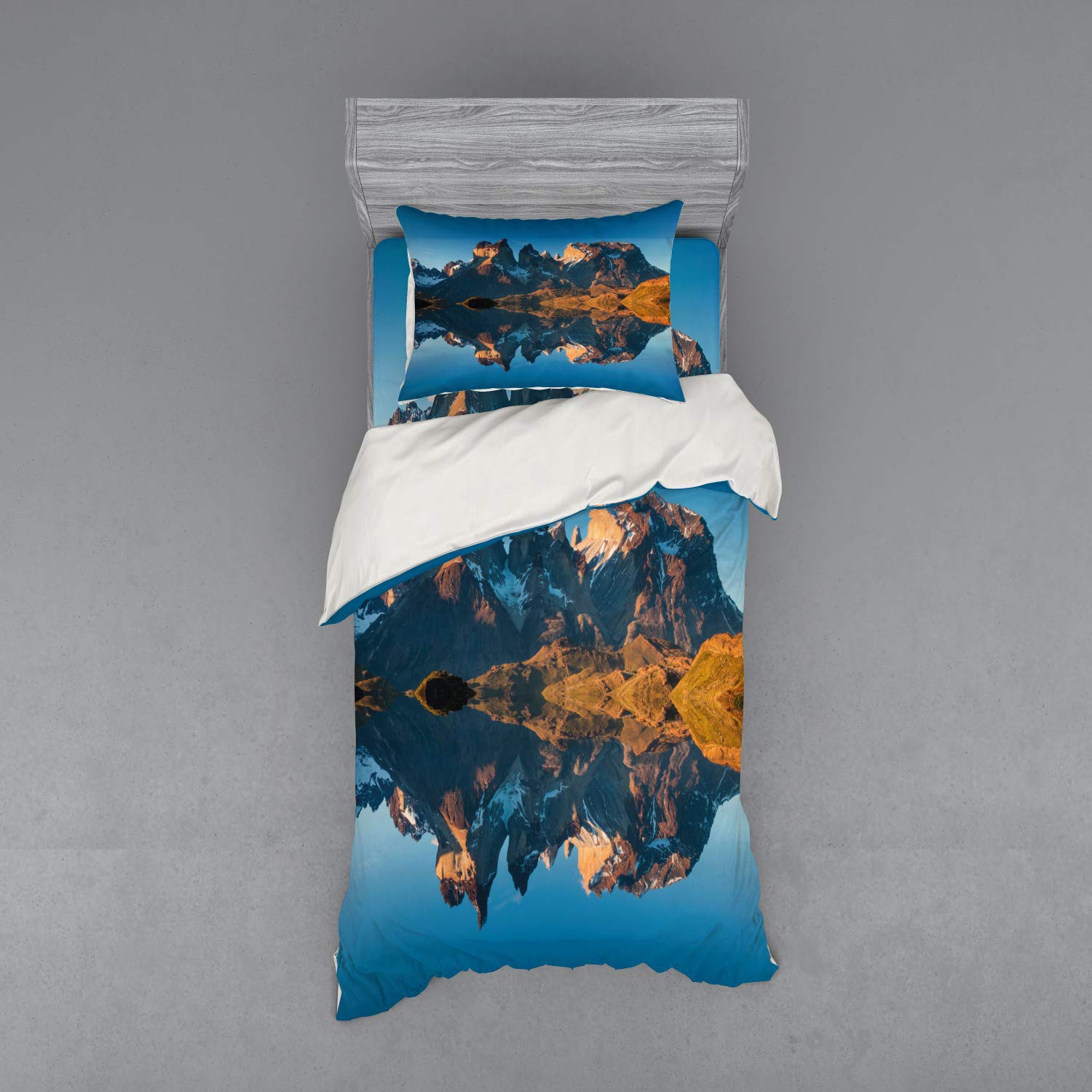 Ambesonne Nature Duvet Cover Set - Majestic Rocky Mountains Lake Reflection Landscape | 3-Piece Twin XL Bedding Set with Sham & Fitted Sheet in Blue & Brown | Perfect for Cabin Retreats, Nature-Themed Bedrooms & Cozy Mountain Getaways