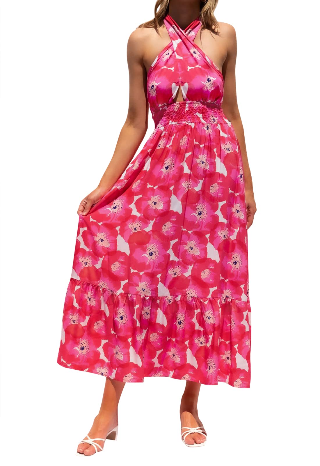 ZESICA Women's 2025 Summer Plaid Halter Neck Sleeveless Backless Maxi Dress - Flowy A-Line Cut Out Design for Beach Vacation, Party & Evening Wear