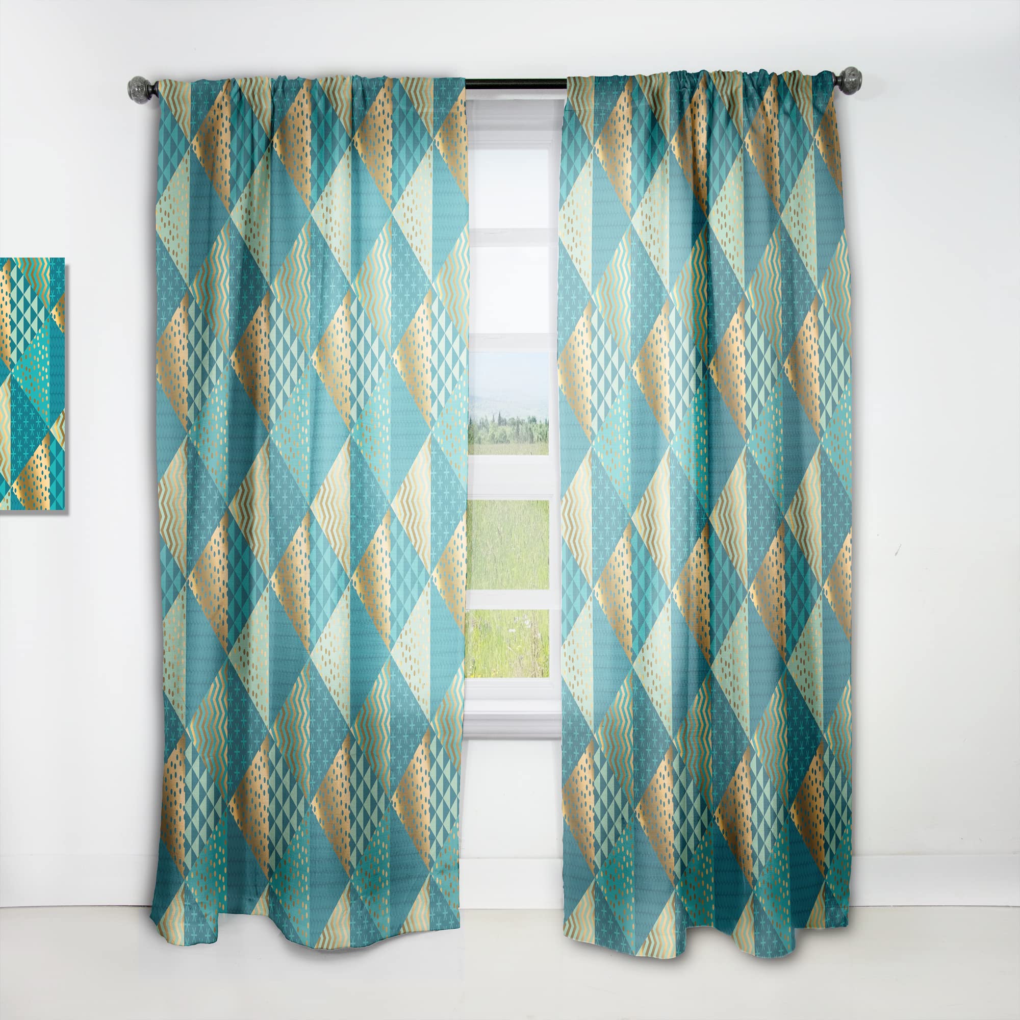 DesignQ Gold & Blue Modern Curtains - Thermal Insulated Single Panel (52x120) for Bedroom & Living Room - Elegant Window Drapes for Home Decor & Light Control
