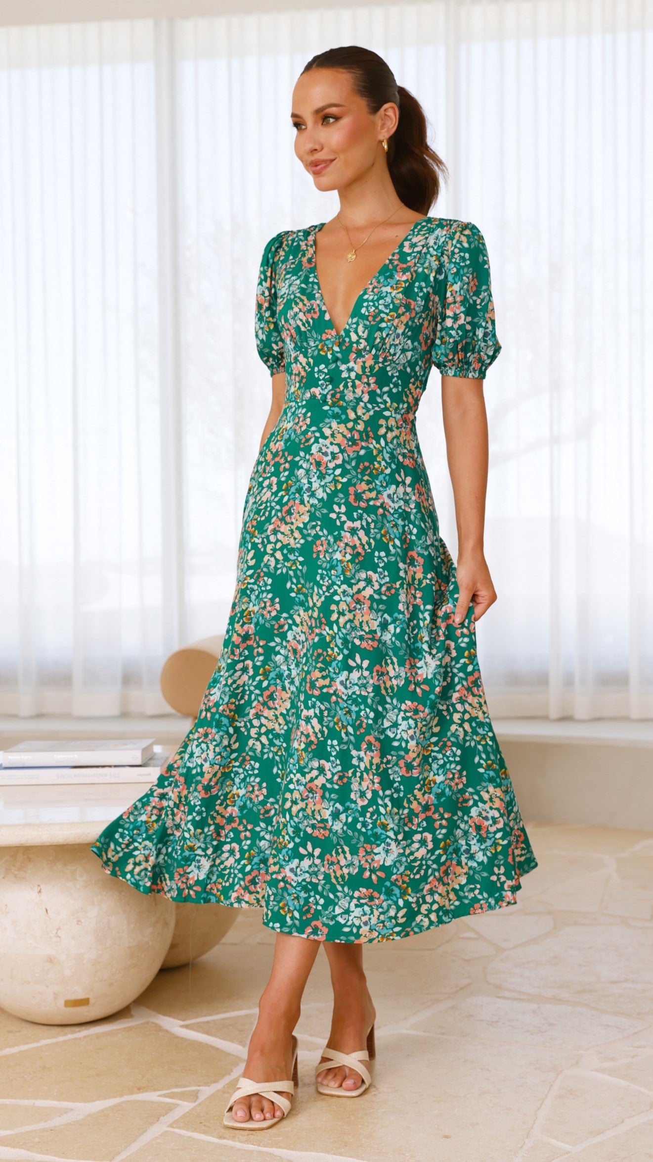 Itzel Green Floral Midi Dress - Elegant Summer Dress for Women, Perfect for Casual Outings, Beach Vacations, and Date Nights