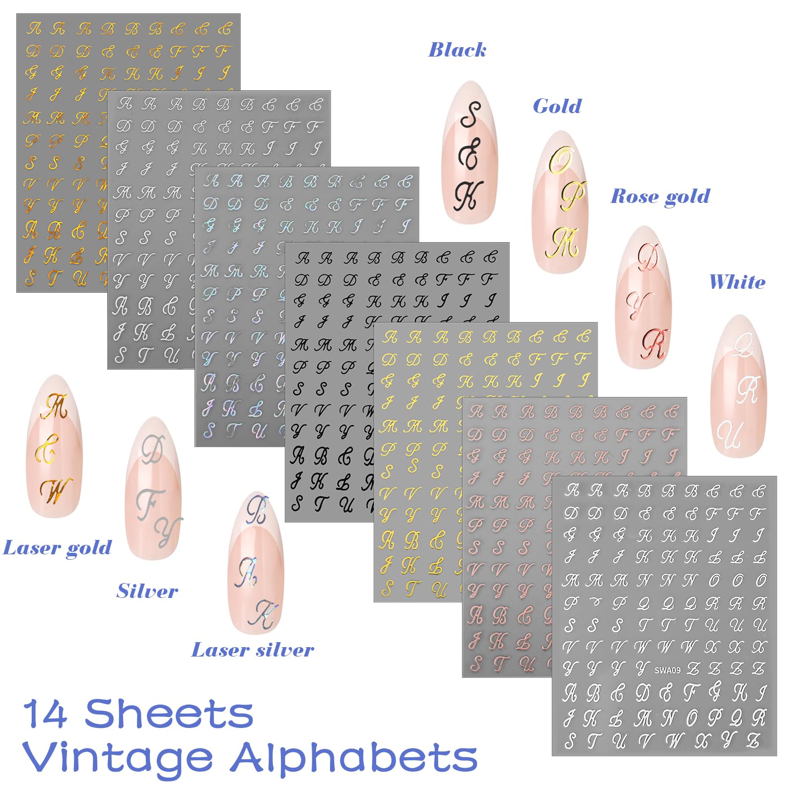 14 Sheets 3D Self-Adhesive Nail Letter Stickers - Black White Gold Silver Old English Alphabet Nail Art Decals for Women & Girls | DIY Manicure Accessories for Parties, Weddings, and Special Occasions