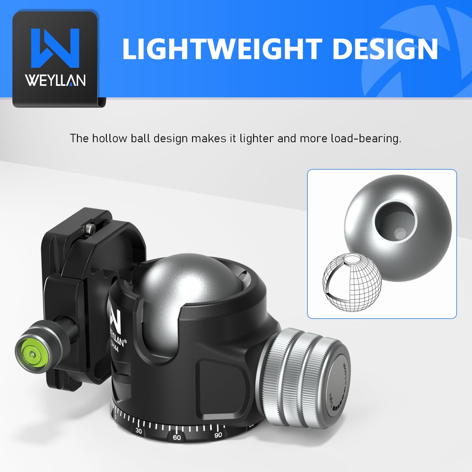 WEYLLAN DH44 44mm Low Profile Ball Head - 360° Metal Panoramic Tripod Head with 2 Quick Release Plates, Arca Compatible for DSLR Camera, Max Load 55lbs/25kg - Perfect for Landscape, Portrait & Travel Photography