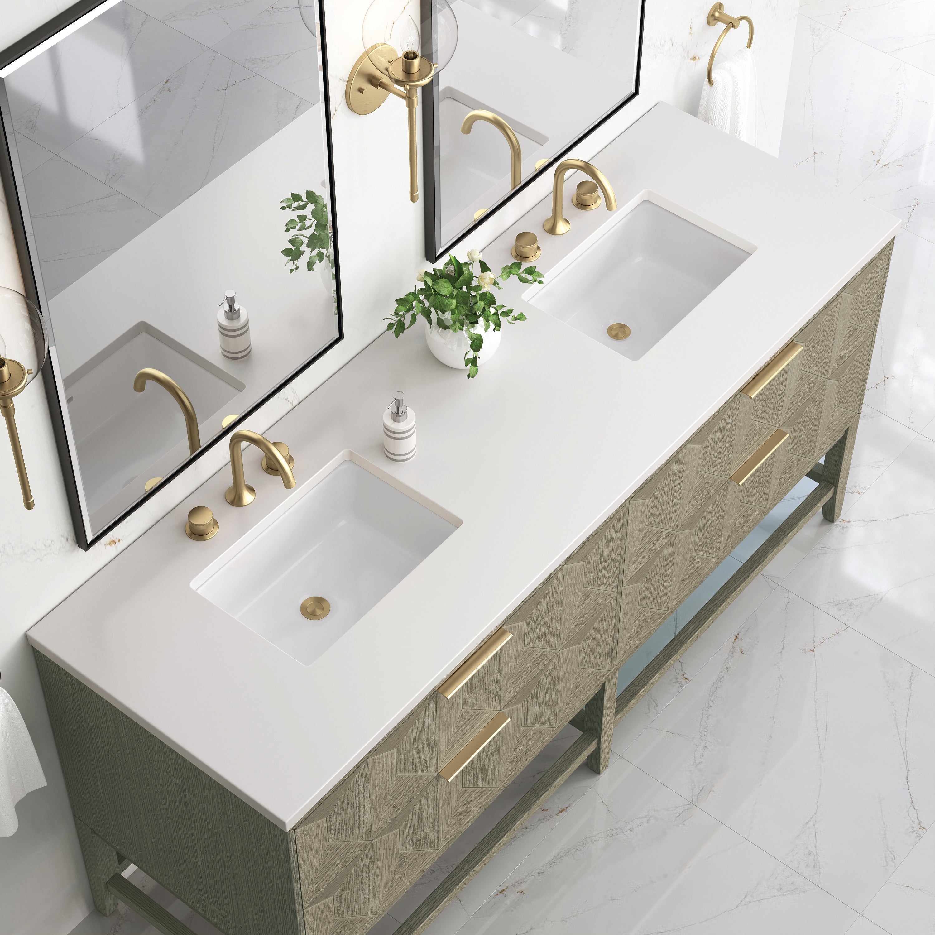 Emmeline 72 Inch Double Bathroom Vanity with Pebble Oak Finish & 3CM White Zeus Quartz Top - Perfect for Master Bathroom, Guest Bath or Powder Room Renovation