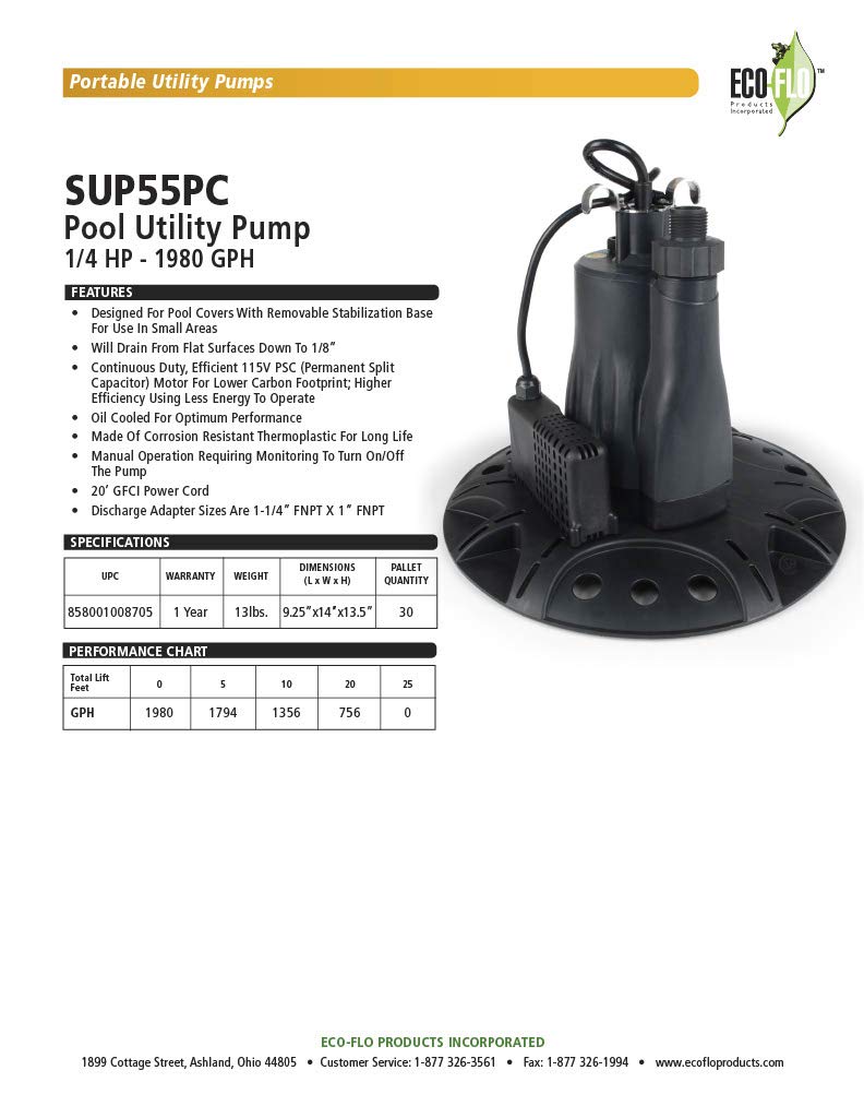 ECO-FLO SUP55PC Black Utility Pump for Pool Cover - Heavy Duty Water Removal, Outdoor & Pool Maintenance, Flood Prevention - Ideal for Home, Garden, and Pool Use