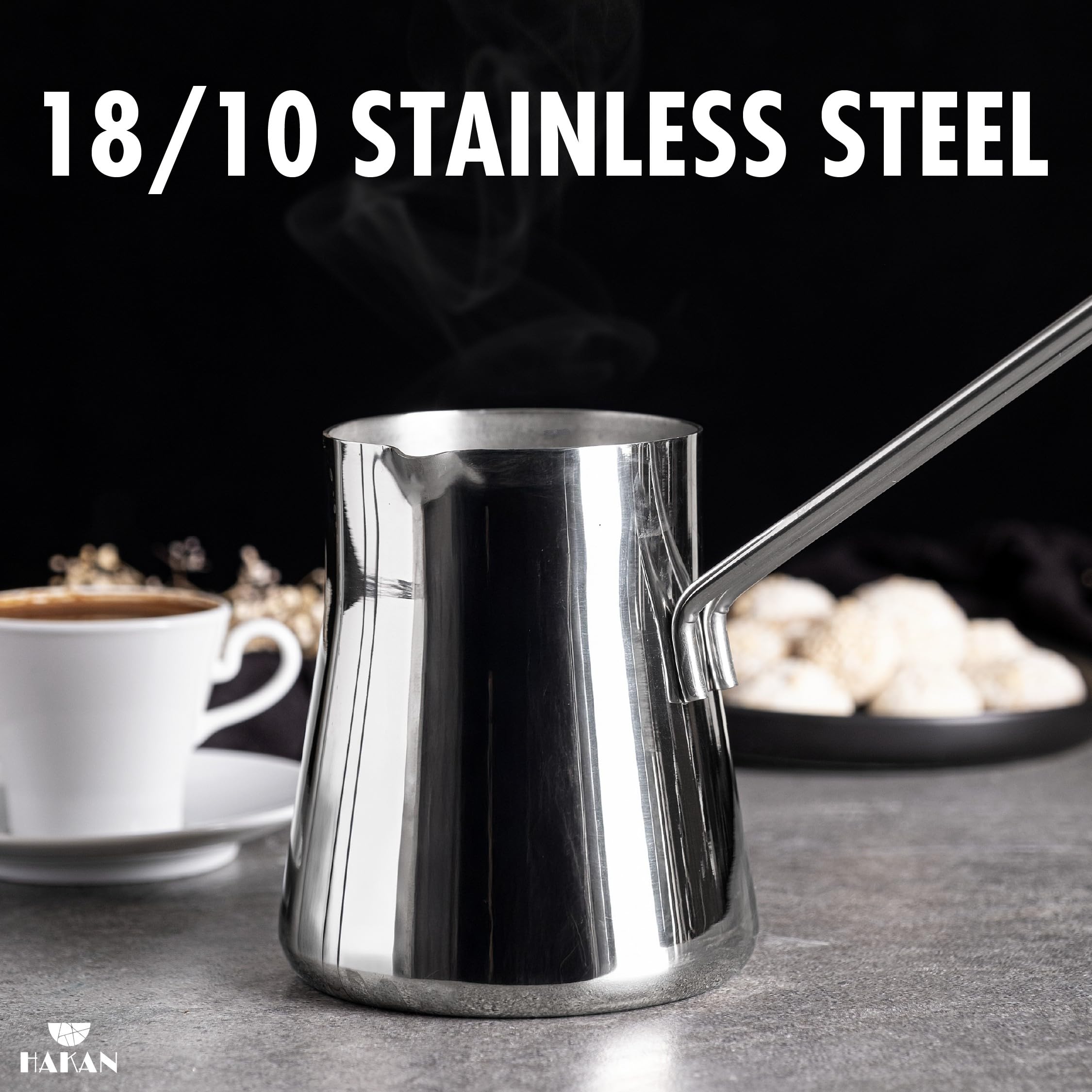 Premium Stainless Steel Turkish Coffee Pot - 20.2 Oz (600ml) Large Cezve Ibrik for Stovetop Brewing - Authentic Greek Arabic Coffee Maker with Pour Spout & Ergonomic Handle - Perfect for Turkish Coffee, Chai Tea & Milk Warming at Home or Cafe