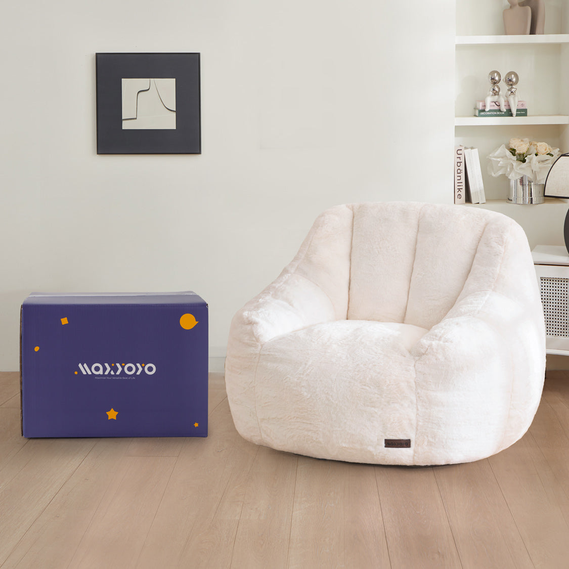 MAXYOYO Faux Fur Bean Bag Chair with High Backrest - Soft Beige Lounge Chair for Living Room, Bedroom & Game Room - Cozy Seating for Relaxing, Reading & Gaming