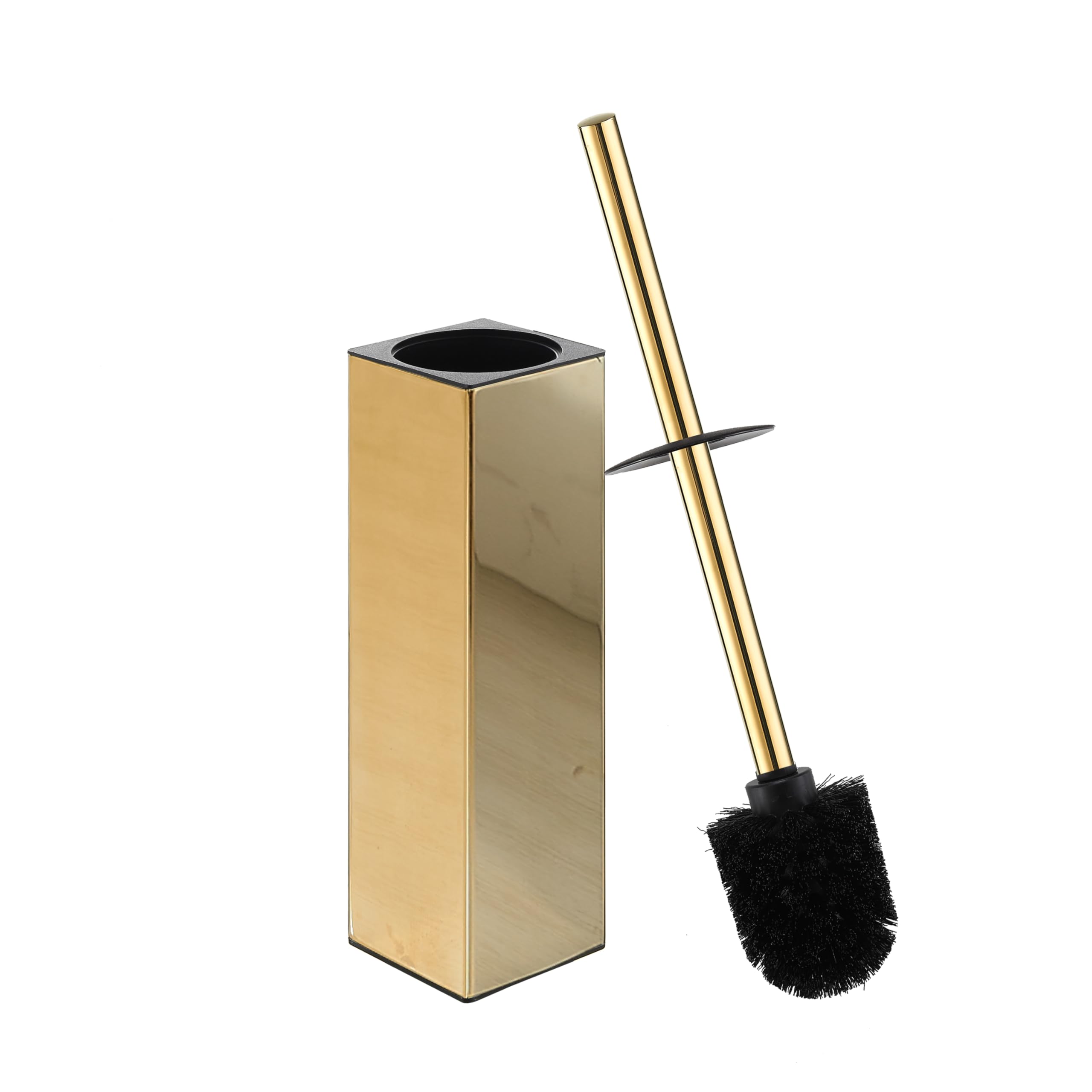 BGL Square Toilet Brush Set with Stainless Steel Holder & 2 Replacement Brush Heads - Gold Rubber Coated Bathroom Cleaning Tool for Toilet Bowl, Sink, and Tub Cleaning