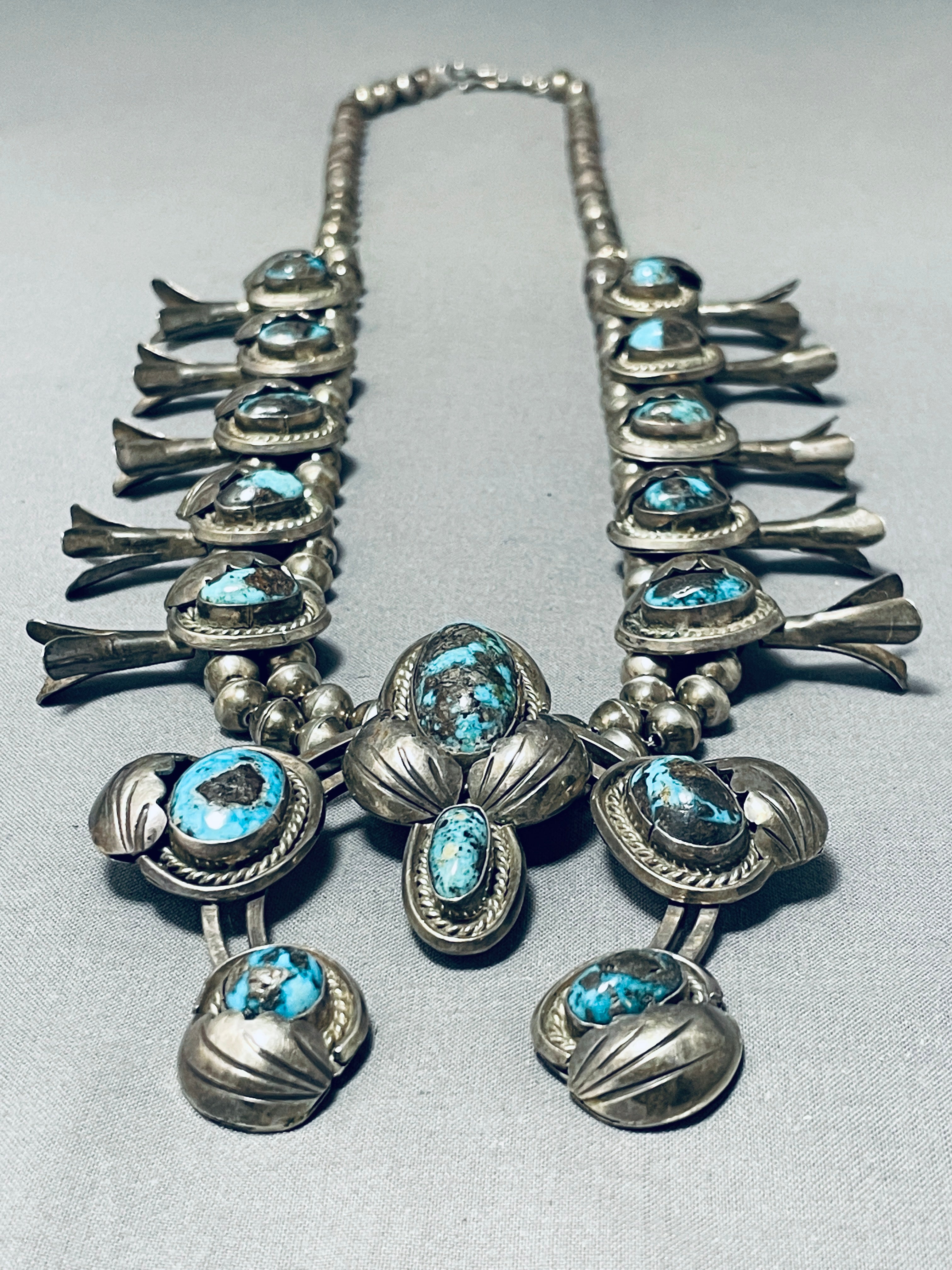 Authentic 100% Bisbee Turquoise Vintage Native American Navajo Sterling Silver Squash Blossom Necklace | Handcrafted Jewelry for Women | Perfect for Boho Fashion, Weddings & Special Occasions