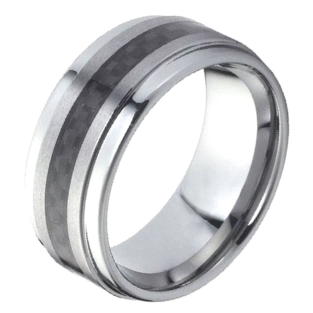 9mm Black Carbon Fiber Inlay Tungsten Carbide Wedding Band for Men - Comfort Fit Stepped Edge Anniversary Ring - Perfect for Engagements, Weddings & Special Occasions