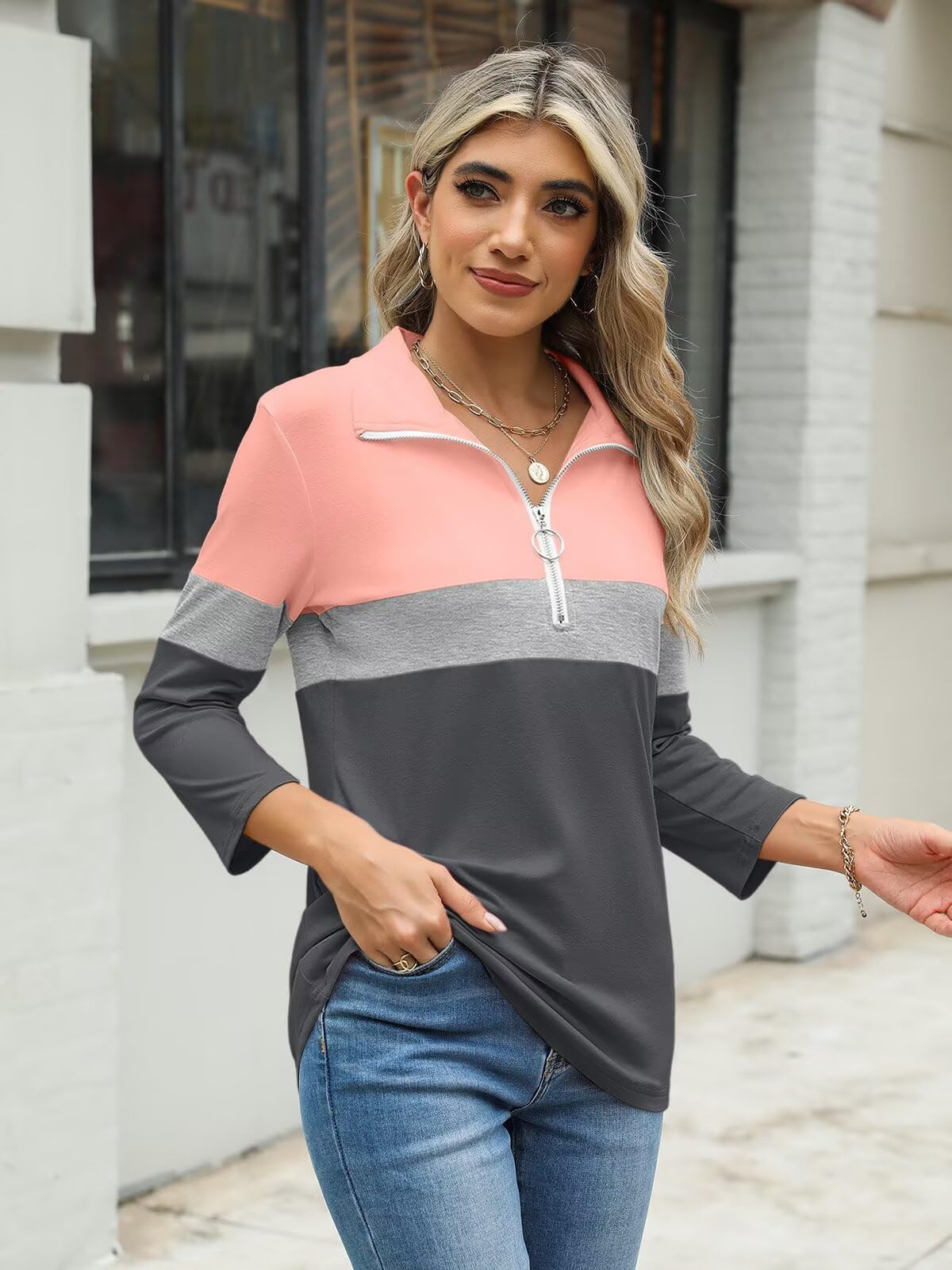 Women's 3/4 Sleeve V-Neck Polo Shirts with Zipper - Solid & Color Block Collared Tops for Casual Wear, Office & Outdoor Activities
