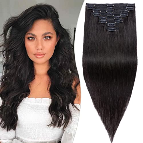 S-noilite 100% Real Human Hair Clip-in Extensions - 8pc Double Weft Thick Hair Extensions with 18 Clips (12 Inch, 115g, Natural Black #1B) - Straight & Silky for Daily Styling, Volume Boost & Special Occasions