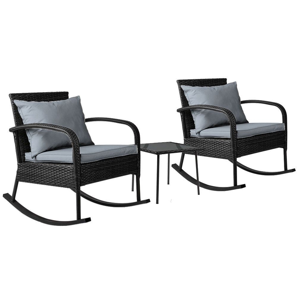 Gardeon 3-Piece Outdoor Rocking Chair Set - Black - Perfect for Patio, Garden, and Porch Relaxation
