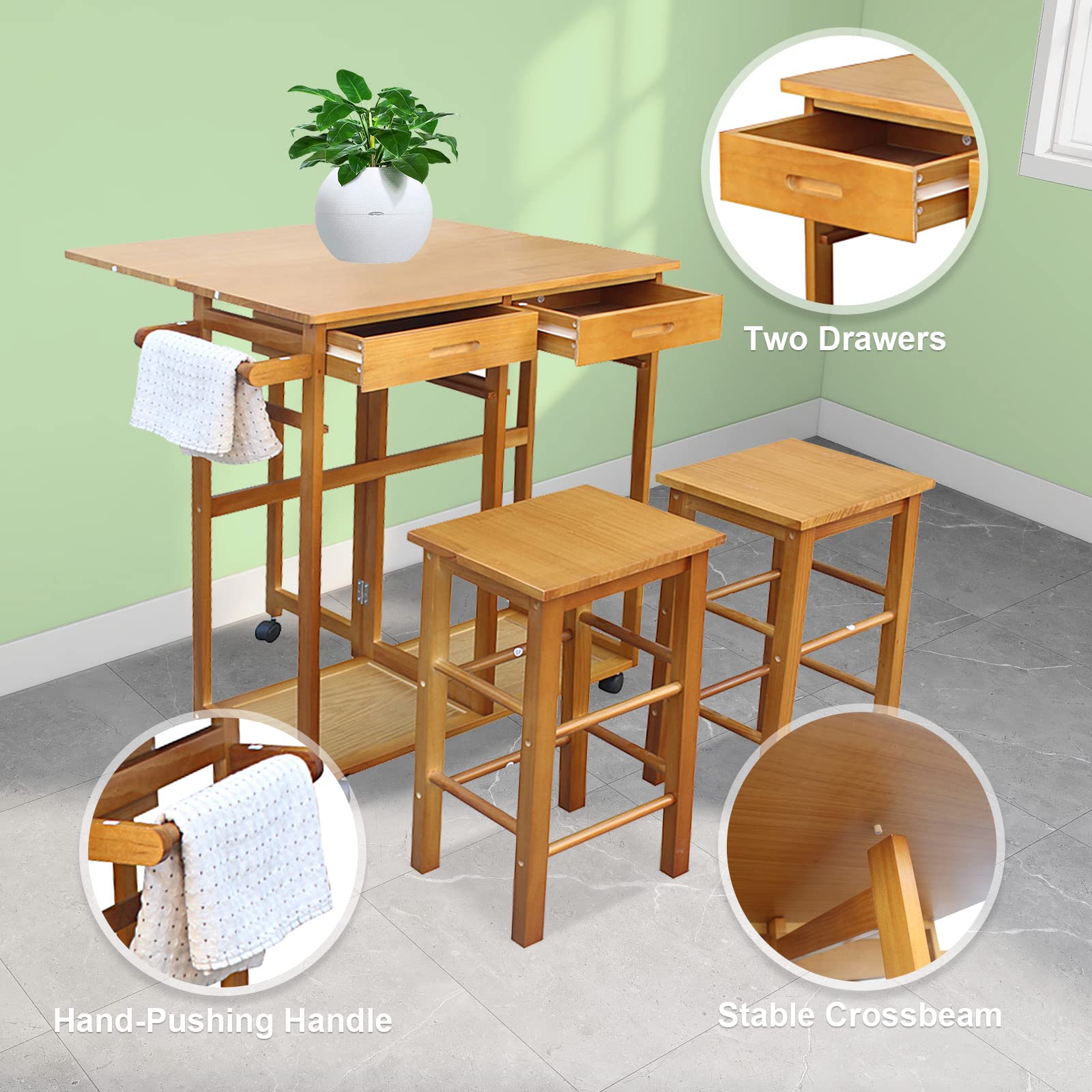 2-Person Wooden Drop Leaf Dining Table Set with Rolling Wheels - 3-Piece Space-Saving Kitchen Table for Small Apartments & Breakfast Nooks (Brown) | Perfect for Studio Living, Tiny Homes & Compact Dining Areas