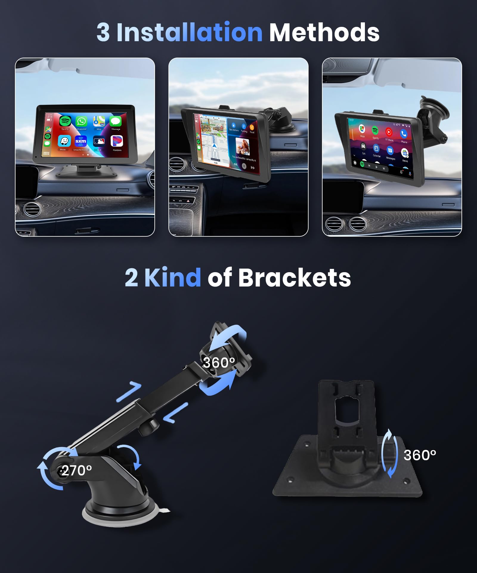 Podofo 7-inch Wireless CarPlay & Android Auto Portable Car Stereo with Bluetooth, Mirror Link, GPS, Siri, FM, AUX & Telescopic Bracket - Hands-Free Touch Screen for Safer Driving & Entertainment