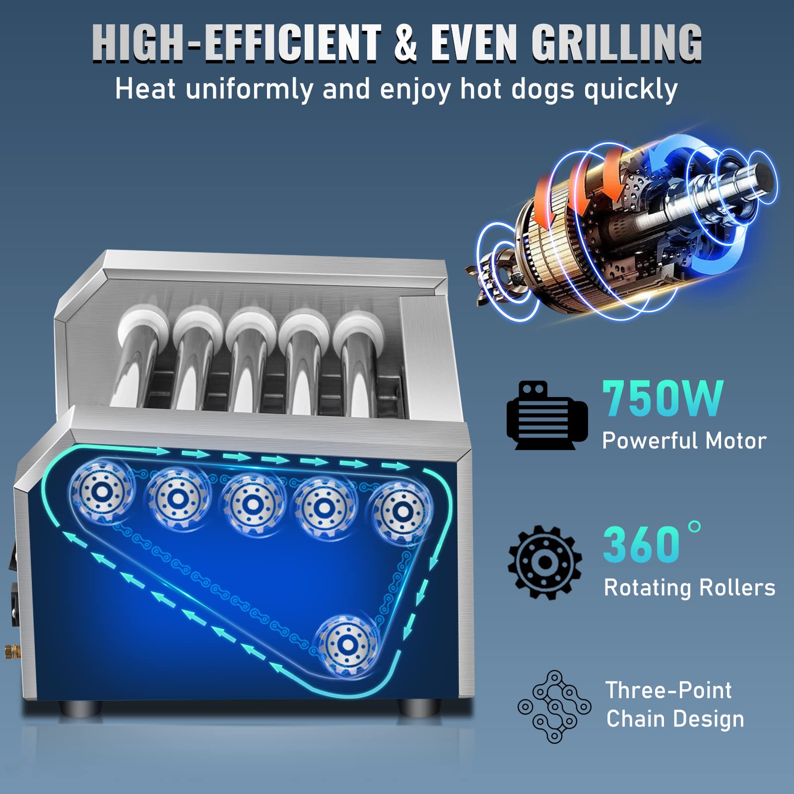 VEVOR Commercial Hot Dog Roller Machine - 12 Hot Dog Capacity, 5 Stainless Steel Rollers, 750W Sausage Grill Cooker with Dual Temperature Control, LED Light & Detachable Drip Tray - Perfect for Restaurants, Food Trucks, and Home Kitchens