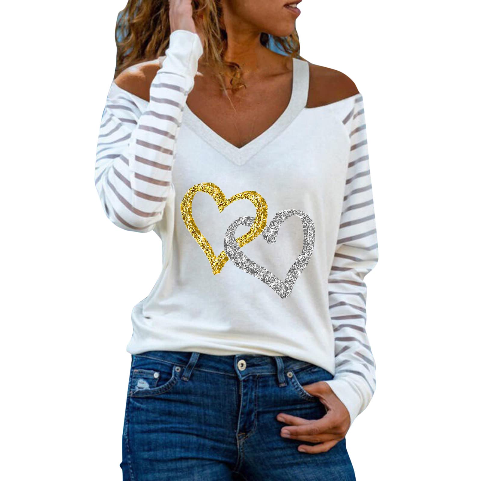 Valentine's Day Love Print Women's Casual Cold Shoulder Top - Soft Round Neck Long Sleeve Blouse for Date Night, Party & Romantic Occasions
