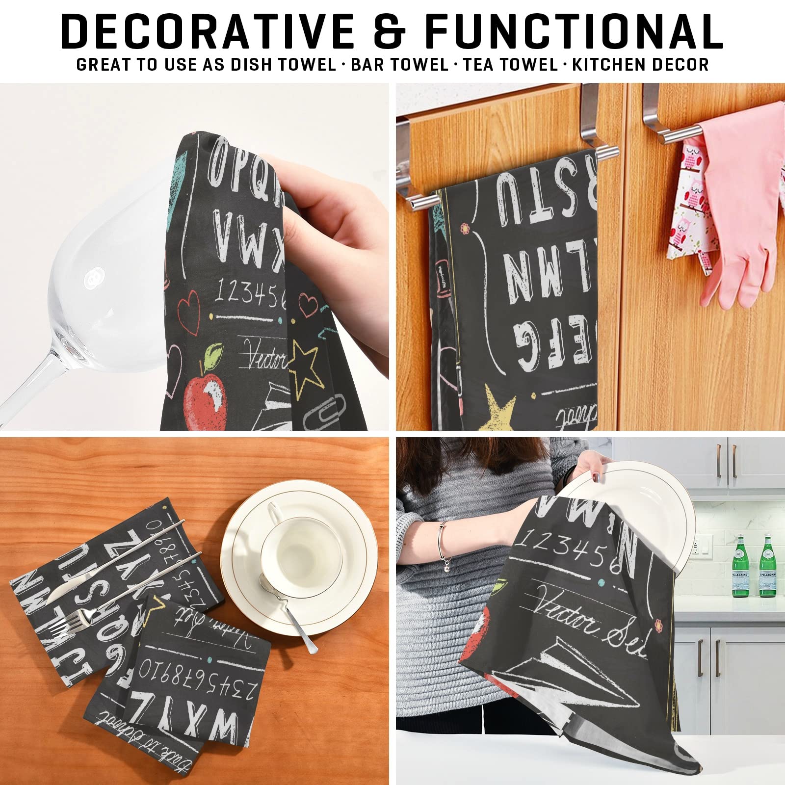 ALAZA ABC Alphabet Kitchen Towels - Super Absorbent & Soft Dish Cloths (18x28 Inches) - Perfect for Back to School, Dish Drying, Tea Towel & Home Decor