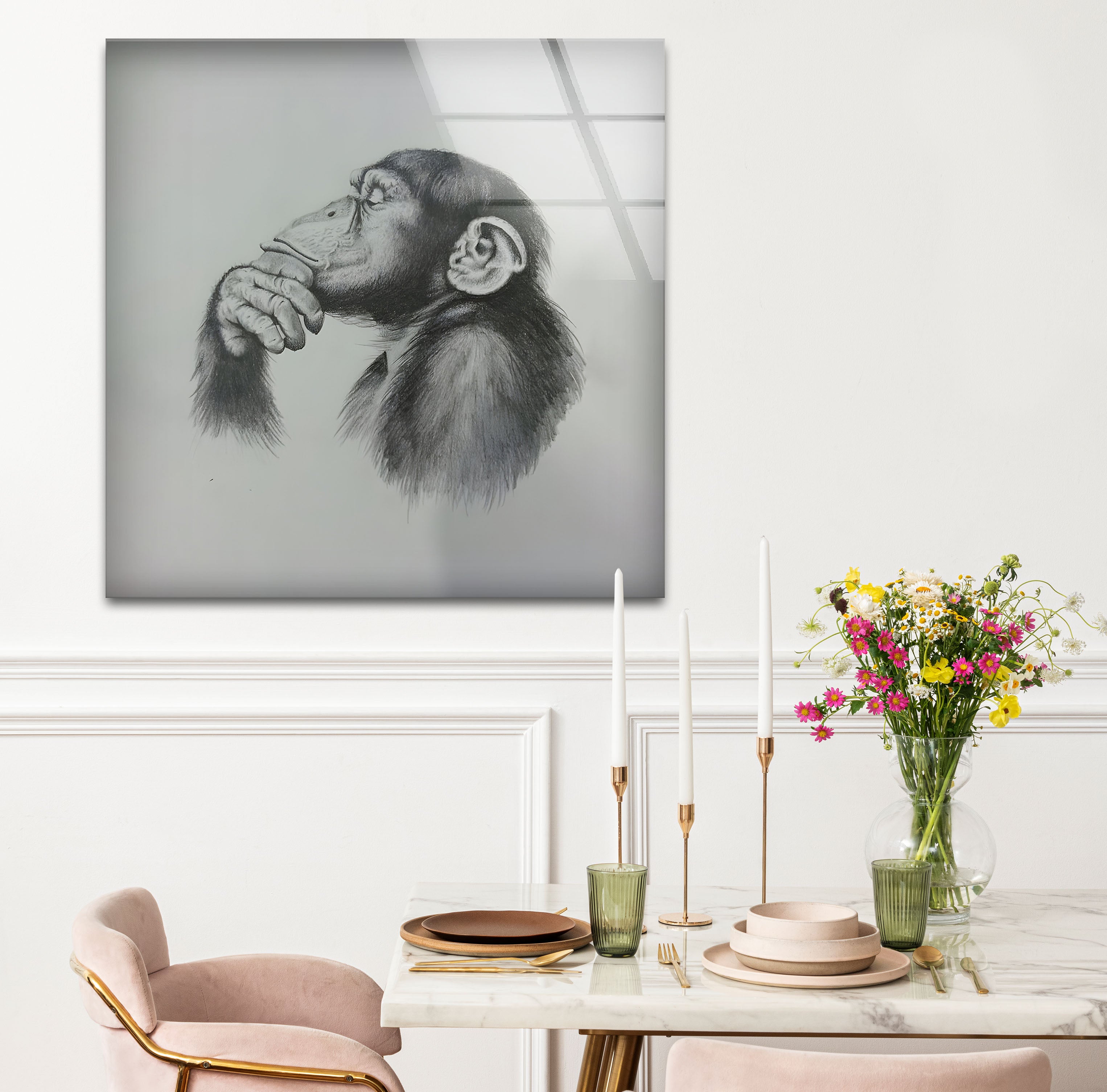 Black and White Monkey Drawing Glass Wall Art - Elegant Home Decor for Living Room, Bedroom, or Office