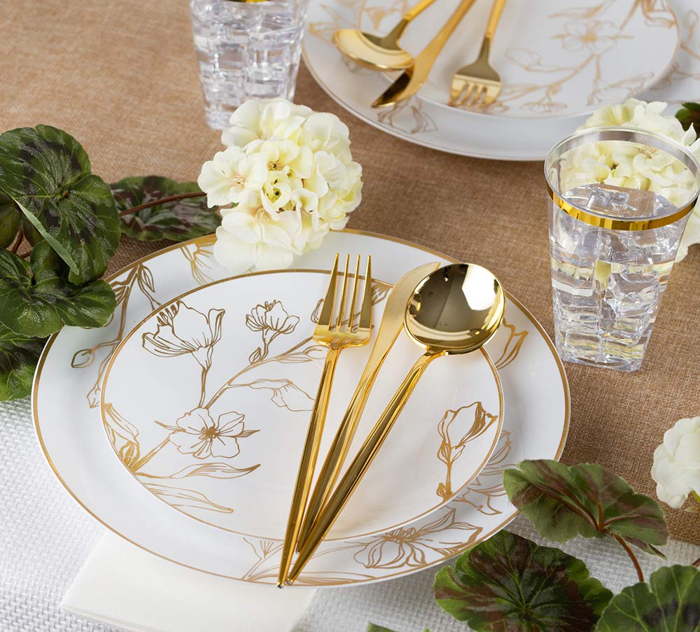PLASTICPRO 32-Piece Elegant Floral Design Dinner Plate Set - 16 White 7-Inch Salad Plates & 16 White 10-Inch Dinner Plates with Gold Rim - Heavyweight Plastic Tableware for Parties, Weddings, and Special Events