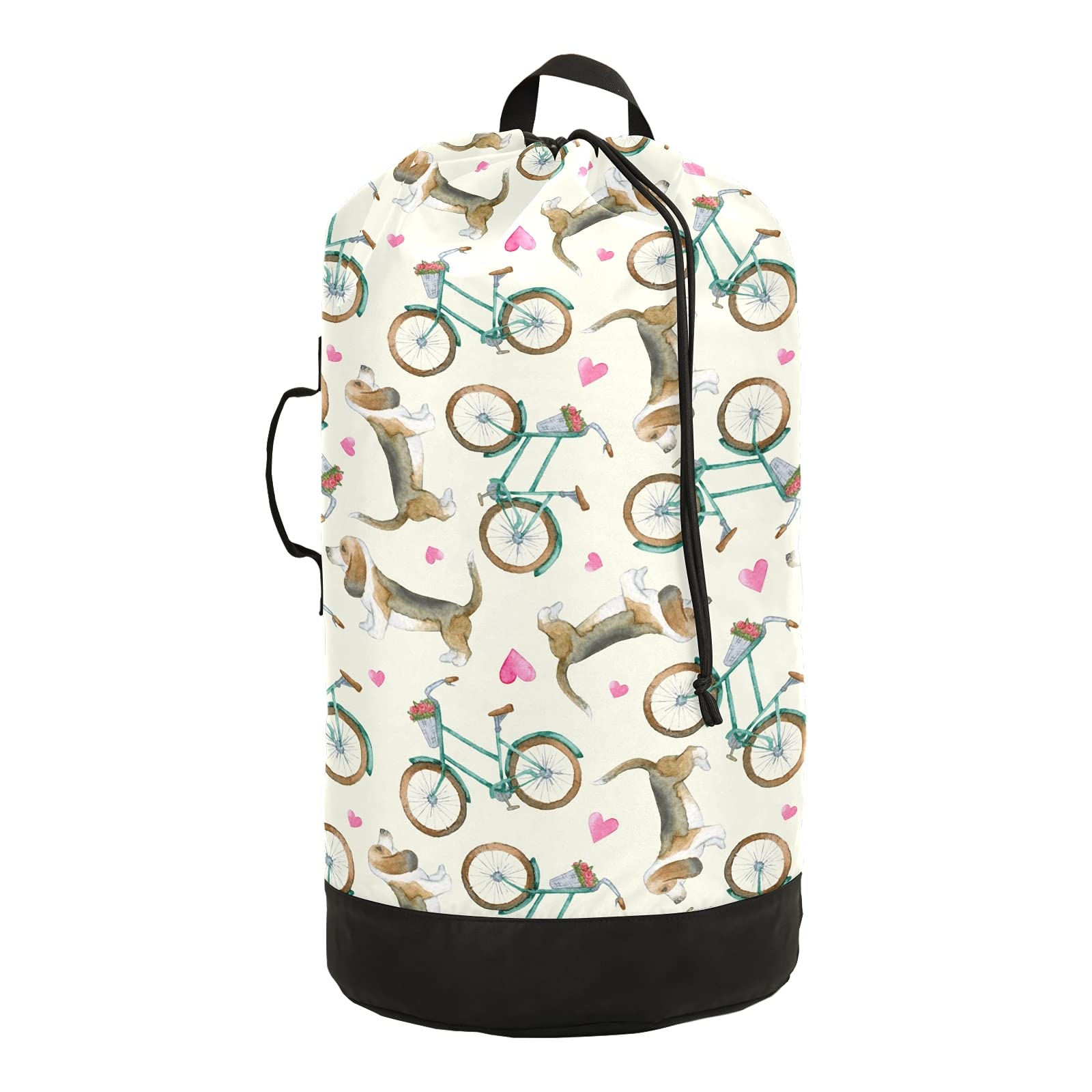 Waterproof Laundry Backpack with Drawstring Closure - Funny Pink Heart Dogs & Turquoise Retro Bikes Pattern - College Travel, Laundromat & Dorm Storage Bag for Clothes & Essentials