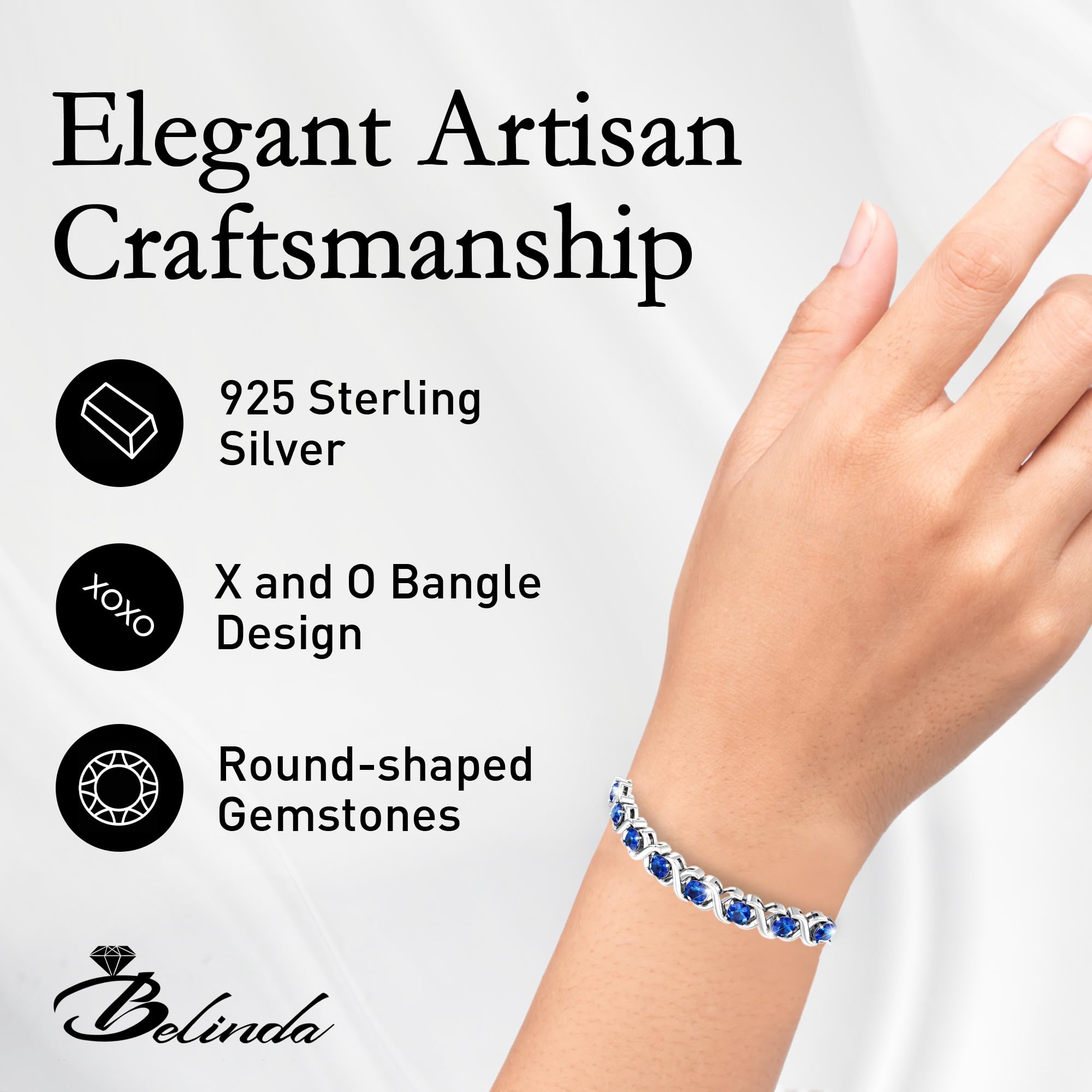 Birthstone Bangle Bracelet for Women - 925 Sterling Silver Adjustable Bracelet with 8 Round Natural Sapphire Stones & Bolo Closure (11